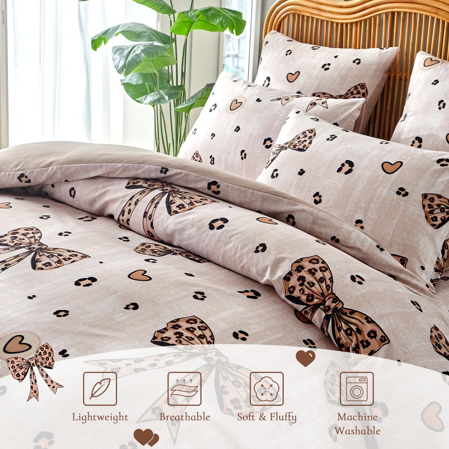 Wajade 7 Piece Cheetah Bow Comforter Set for Girls Kids Queen Size Bedding Set with Sheet and 2 Pillowcases 2 Pillow Shams Cute Girls Bed in a Bag as Birthday Choice