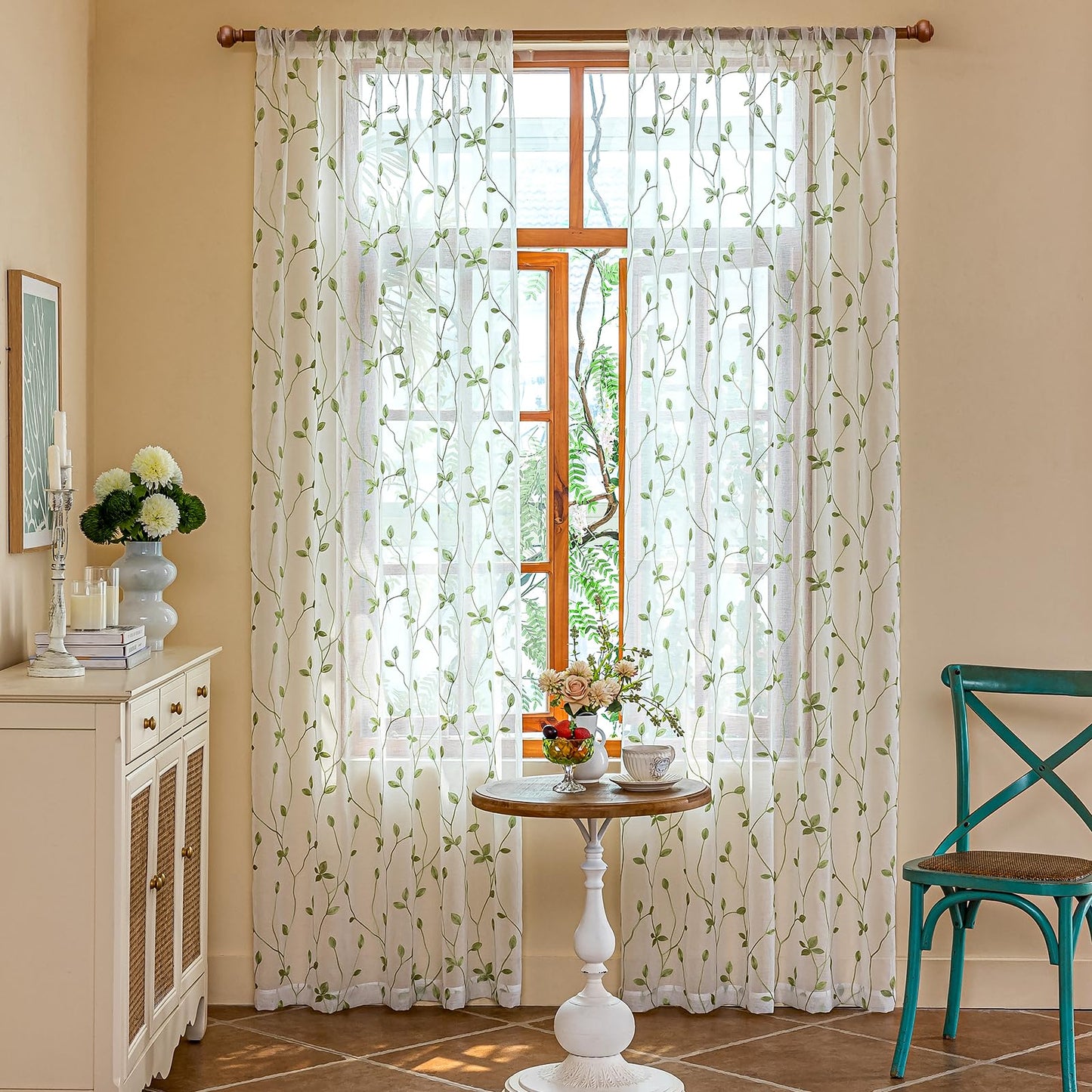 AmHoo 2 Panels Embroidered Leaf Pattern Semi Sheer Curtains Foliage Floral Voile Window Draperies Treatment for Bedroom Living Room Rod Pocket White Light Green 53 x 95 Inch