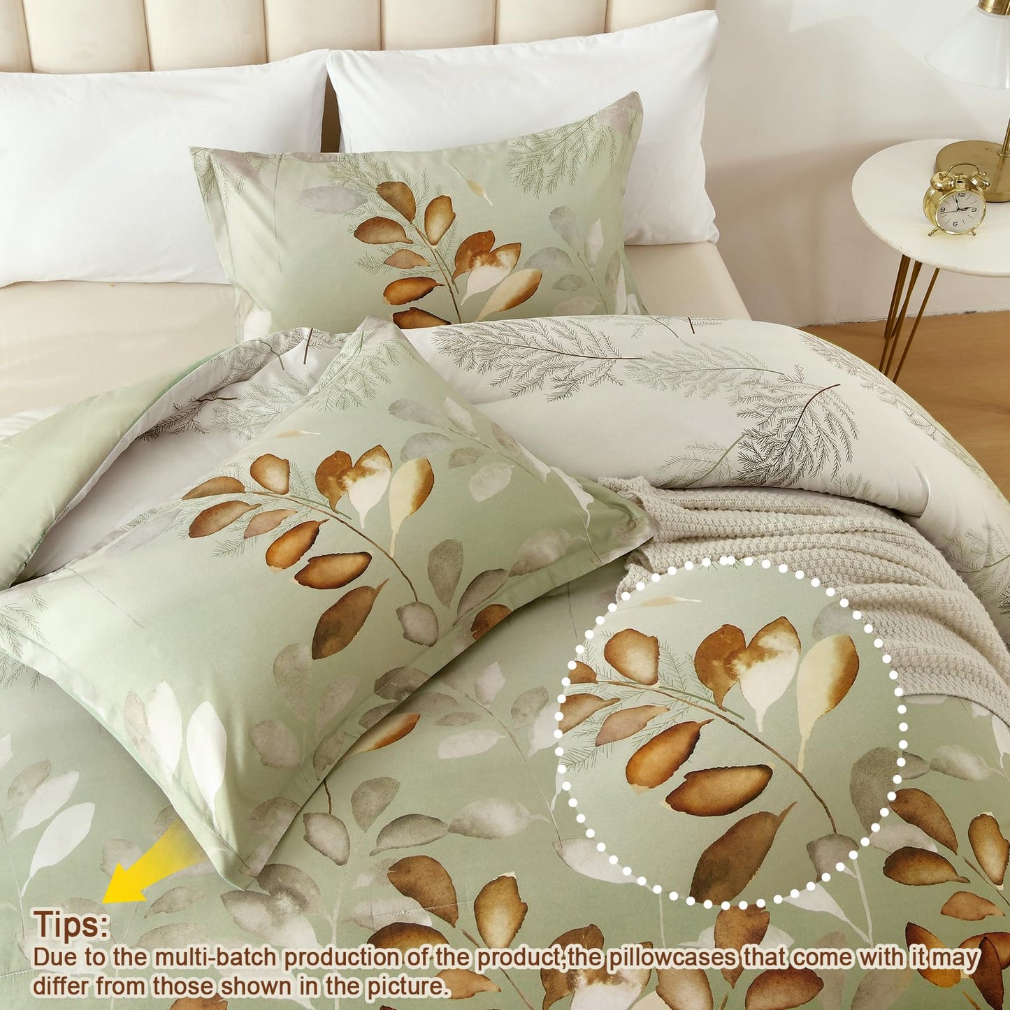 DJY King Size Comforter Set, Green Brown Botanical Leaves Comforter Set King, 3 Pieces Reversible Brown Floral Bed Comforter Sets Soft Microfiber Bedding Comforter Set for All Season (104"x90")
