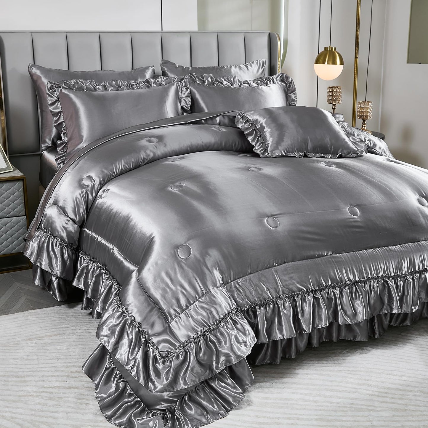 Grey Satin Comforter Set with Sheets,Silk Like Satin Ruffle Bed Duvet Set,Silky Luxury Bed in a Bag King Bedding Set 8 Pcs,1 Comforter,4 Pillowcases,1 Flat Sheet,1 Fitted Sheet,1 Cushion Cover