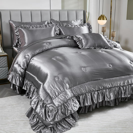 Grey Satin Comforter Set with Sheets,Silk Like Satin Ruffle Bed Duvet Set,Silky Luxury Bed in a Bag King Bedding Set 8 Pcs,1 Comforter,4 Pillowcases,1 Flat Sheet,1 Fitted Sheet,1 Cushion Cover