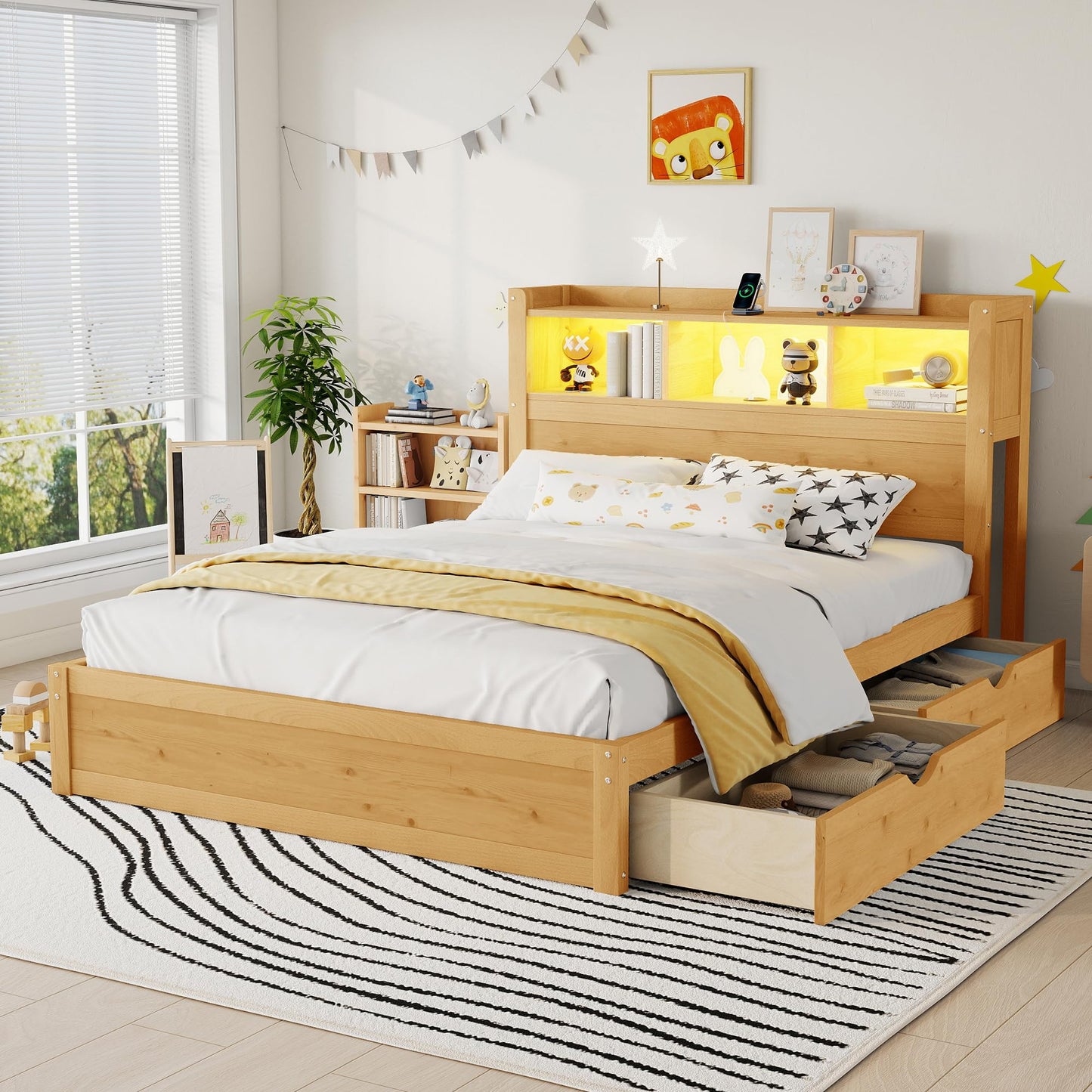 KEIKI Full Size Wood Platform Bed Frame with Storage Headboard & Pull Out Storage Cabinet & 2 Drawers, Modern Bed with Solid Slats & Socket, No Box Spring Required, Easy Assembly, for Bedroom, Natural
