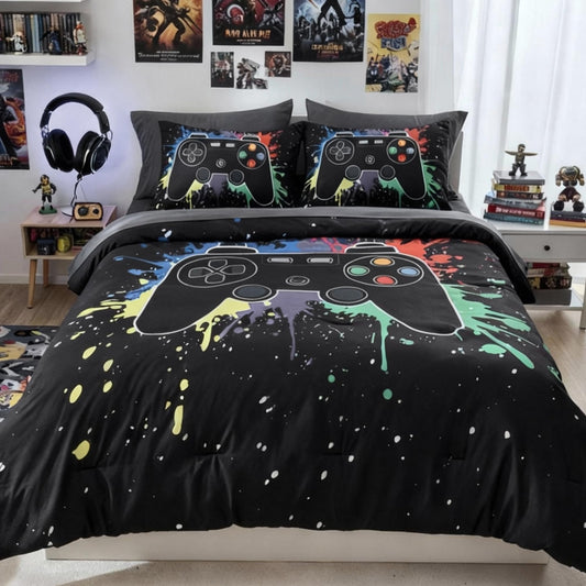 Kaleido Space Twin Comforter Set for Boys, Kids - 5 Pieces Black Gamer Patterns Twin Bedding Sets for Boys Teen, Soft Cozy Bed in A Bag with Sheets