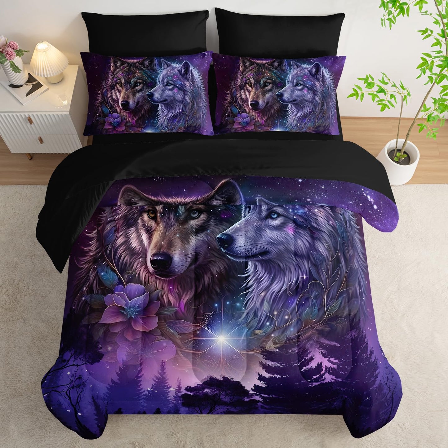 AILONEN Wolf Comforter Bedding Set Full Size,Purple Starry Night Galaxy Bed in a Bag,7Pcs Soft Microfiber Black Comforter,Fitted Sheet,Flat Sheet,2 Pillowcases,2 Pillow Shams