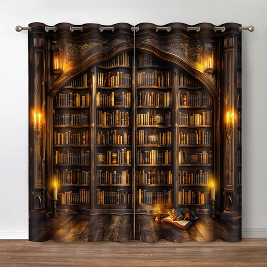Jekeno Vintage Bookshelf Blackout Curtains Library Books Bookcase Cat Candle Decor Shading Drapes for Bedroom Study Classroom Living Room Darkening Grommet Window Drapes 2 Panel Set, 52"x84"