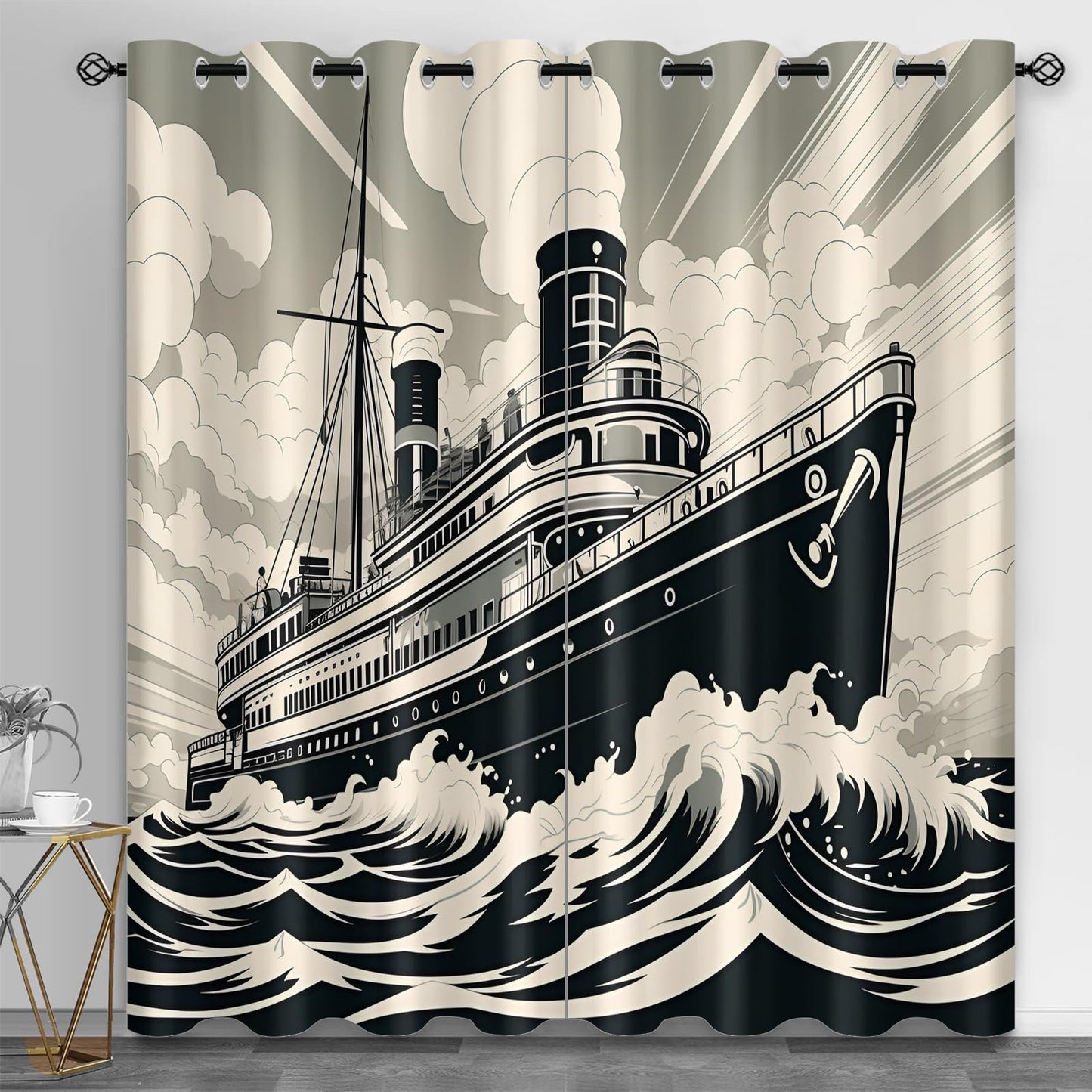 XAFIAUR Vintage Cruise Ship Blackout Curtains, Steamship Curtains for Living Room, Nautical Style Black Out Bedroom Curtain Thermal Insulated Grommet Drapes 2 Panels, for Boys Room 26" W x 63" L x2