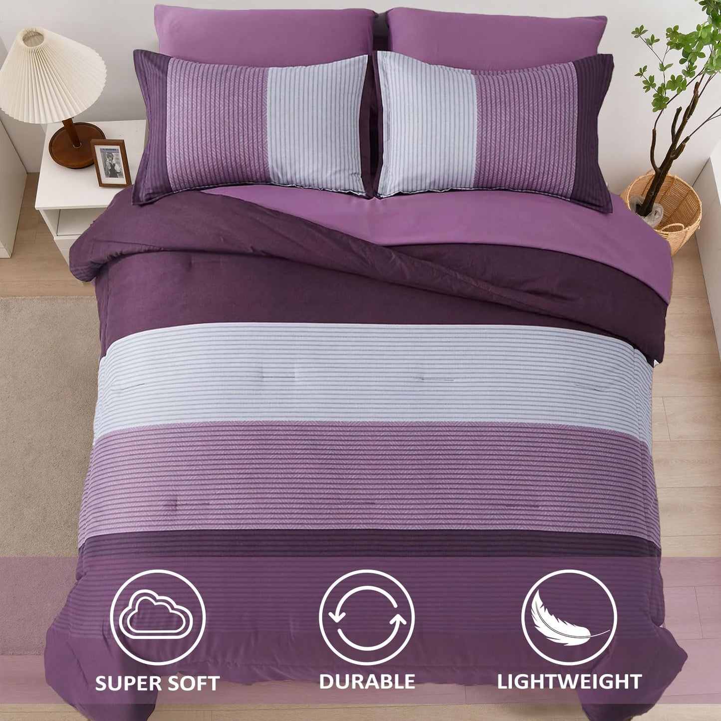 WONGS BEDDING Purple Comforter Set Queen, Reversible Purple Striped Patchwork Alternative Comforte Set for Queen Bed,3 Pieces(1 Comforter+2 Pillowcases), Soft Microfiber Bedding Set 90”×90”