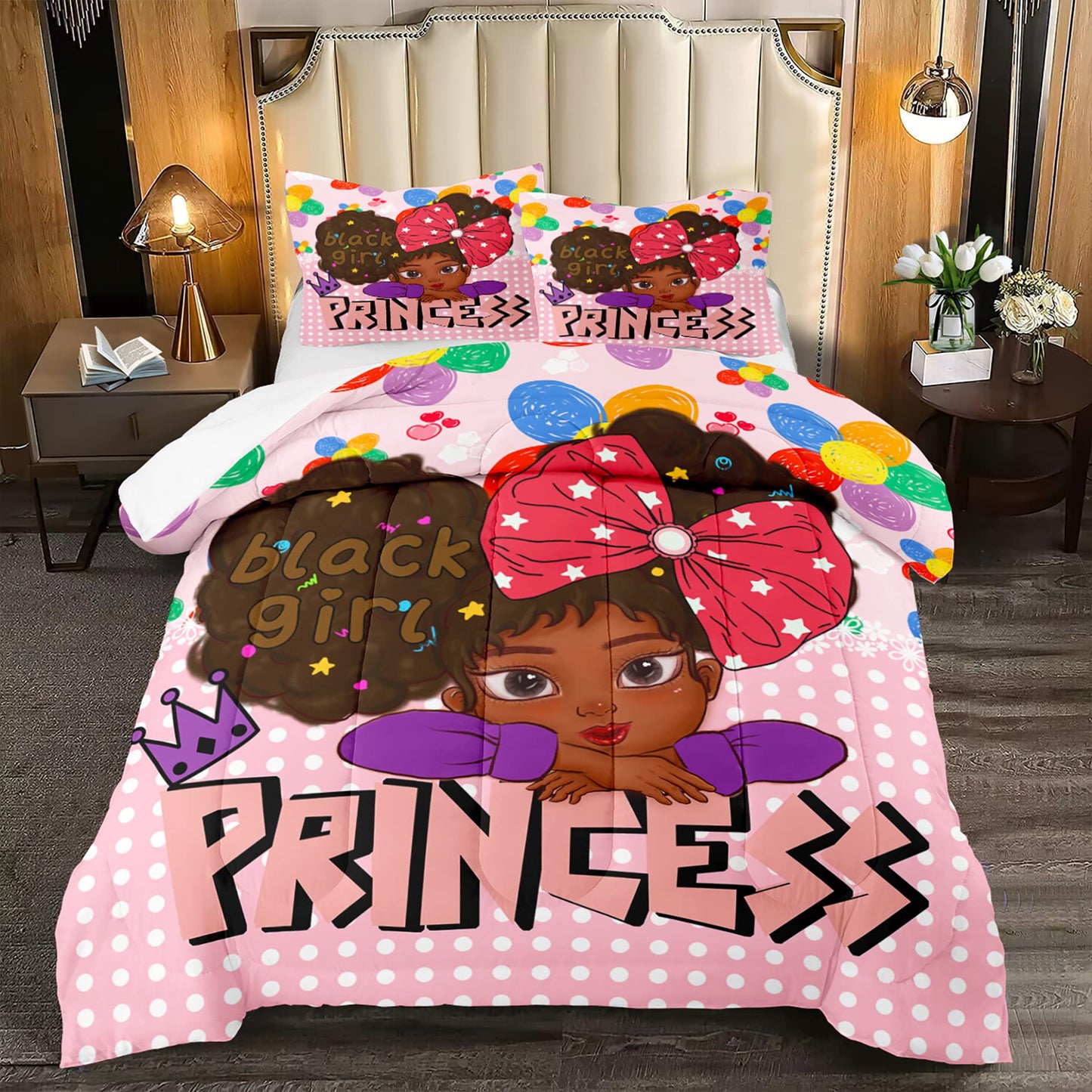 Jiospet Black Girl Full Size Comforter Sets for Girls, African Full Girls Room Cute Full Set Pink Princess Full Bedding Set, Full (1 2 Pillowcases)