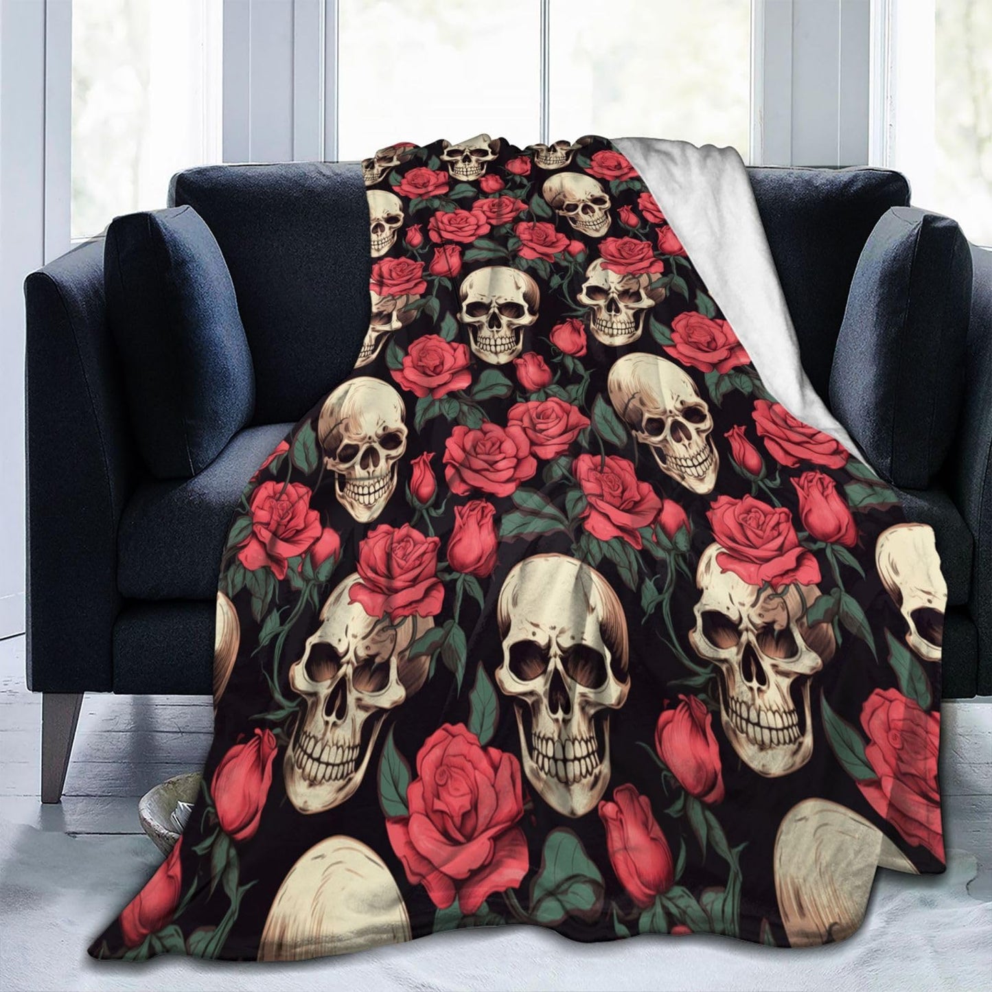 amepay Skull Flower Rose Blanket Gifts for Adults Women Men Gothic Skull Skeleton Flannel Throw Blankets Soft Fuzzy Lightweight for Home Decor Couch Bed Sofa 60x50 Inches