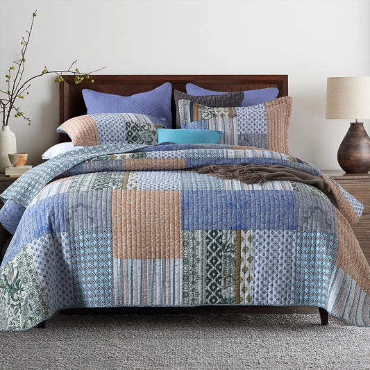 Autumn Dream Cotton Bedspread Quilt Sets Reversible Bedding Coverlet Sets Comforter, Vintage Floral Paisley Patchwork Bohemian Blue Bedspread, Quenn Size