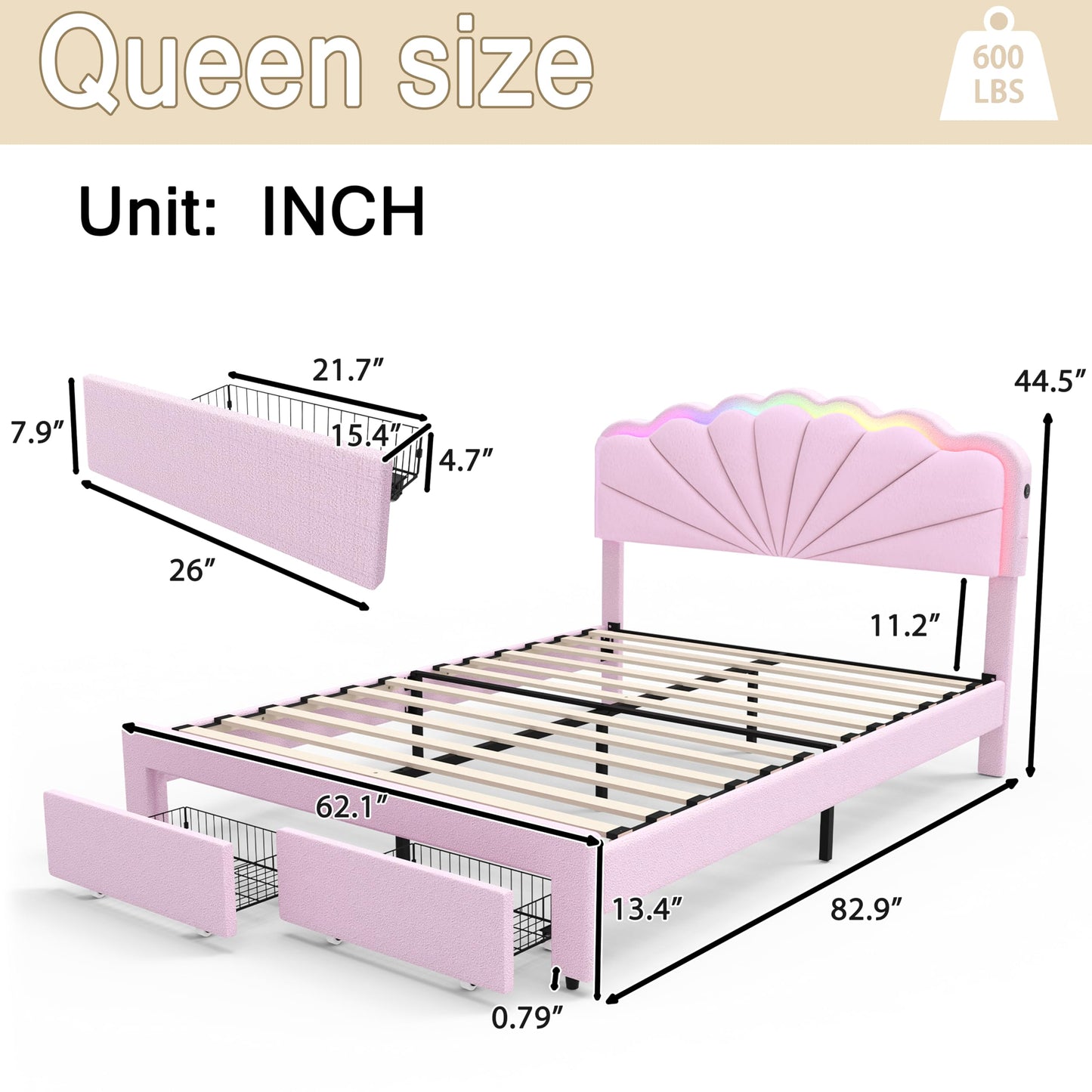 BIOEVER Queen Upholstered Children’s Bed with Storage Drawers,Charging Station & LED Lighting,Teddy Velvet,Quiet Support,Easy Assembly,Pink