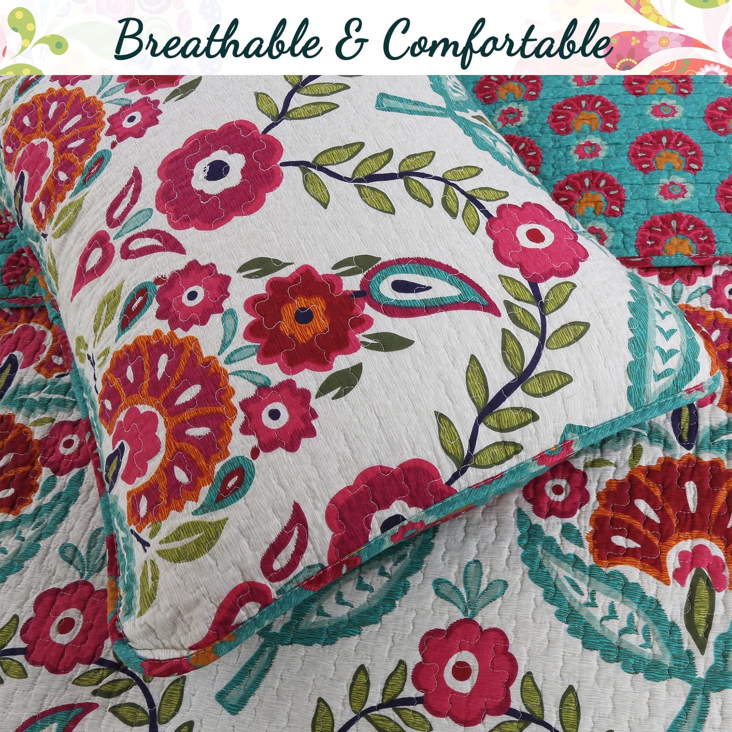 Cozy Line Home Fashions Pink Red Floral 100% Cotton Reversible Quilt Bedding Set, Coverlet Bedspread (Fuchsia Flowers, Queen - 3 Piece)