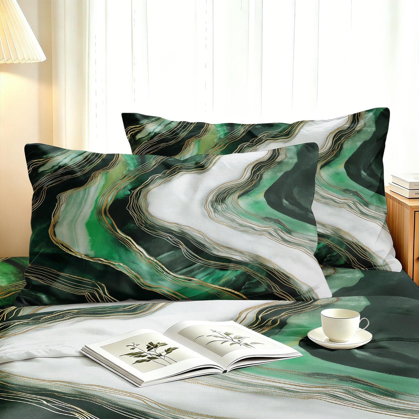 Marble Full Sheet Set 4 Pcs Modern Green Bed Sheets, Dark Green