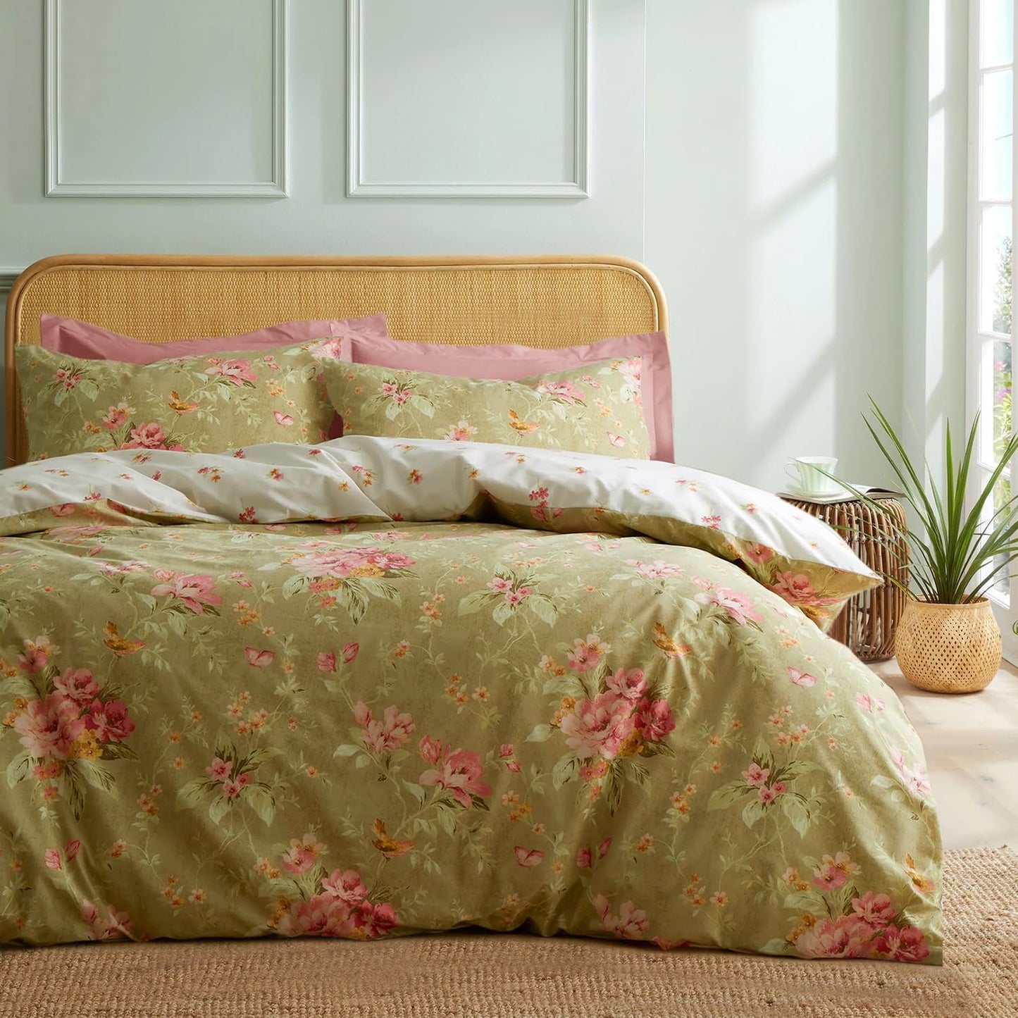mixinni Duvet Cover King Size, Long Staple Cotton Reversible Green Floral Duvet Cover Set with Zipper Ties, 3 Pieces Botanical Pink Flowers and Green Branches Patterns Bedding Set