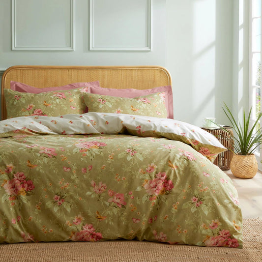 mixinni Duvet Cover King Size, Long Staple Cotton Reversible Green Floral Duvet Cover Set with Zipper Ties, 3 Pieces Botanical Pink Flowers and Green Branches Patterns Bedding Set