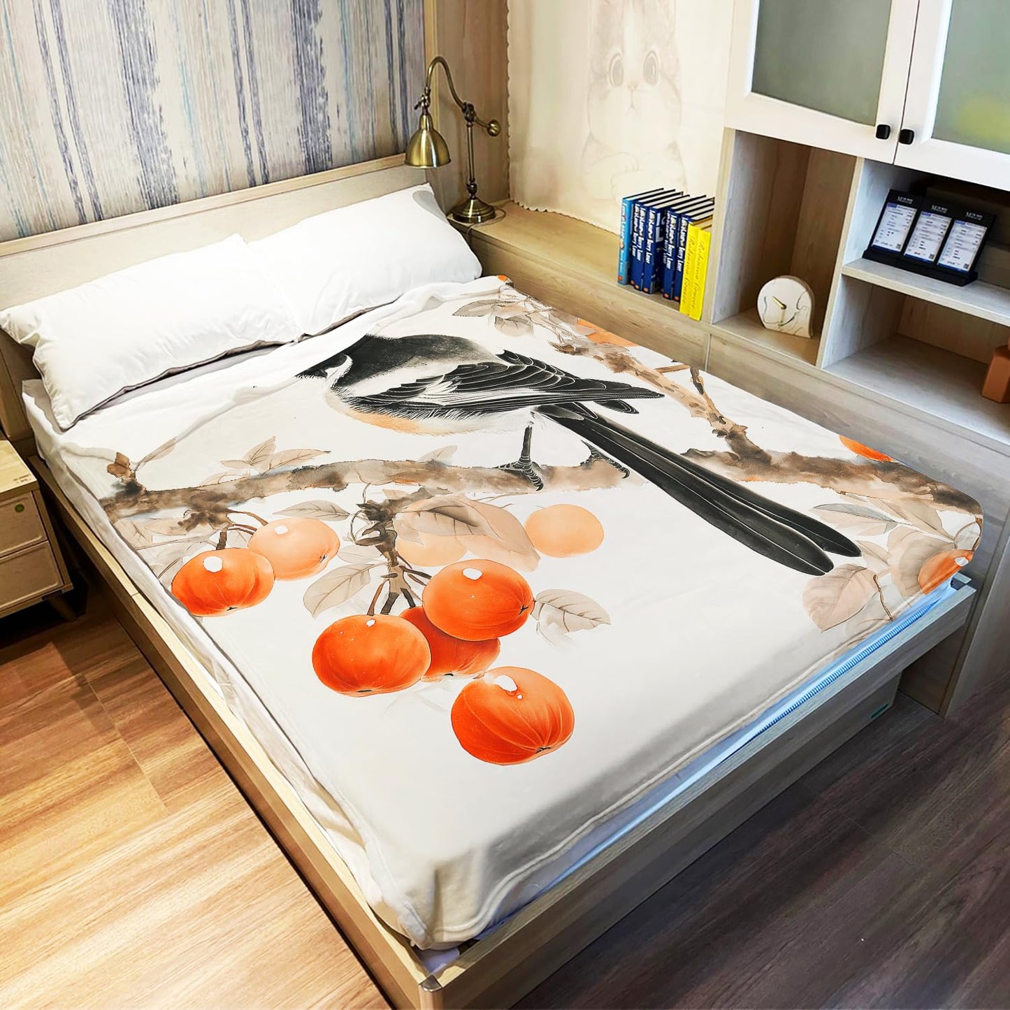 Persimmons & Magpie Blanket, Traditional Art Home Decor, Super Soft Fleece Throw Blankets for Couch Sofa Bed, 60" x 80"