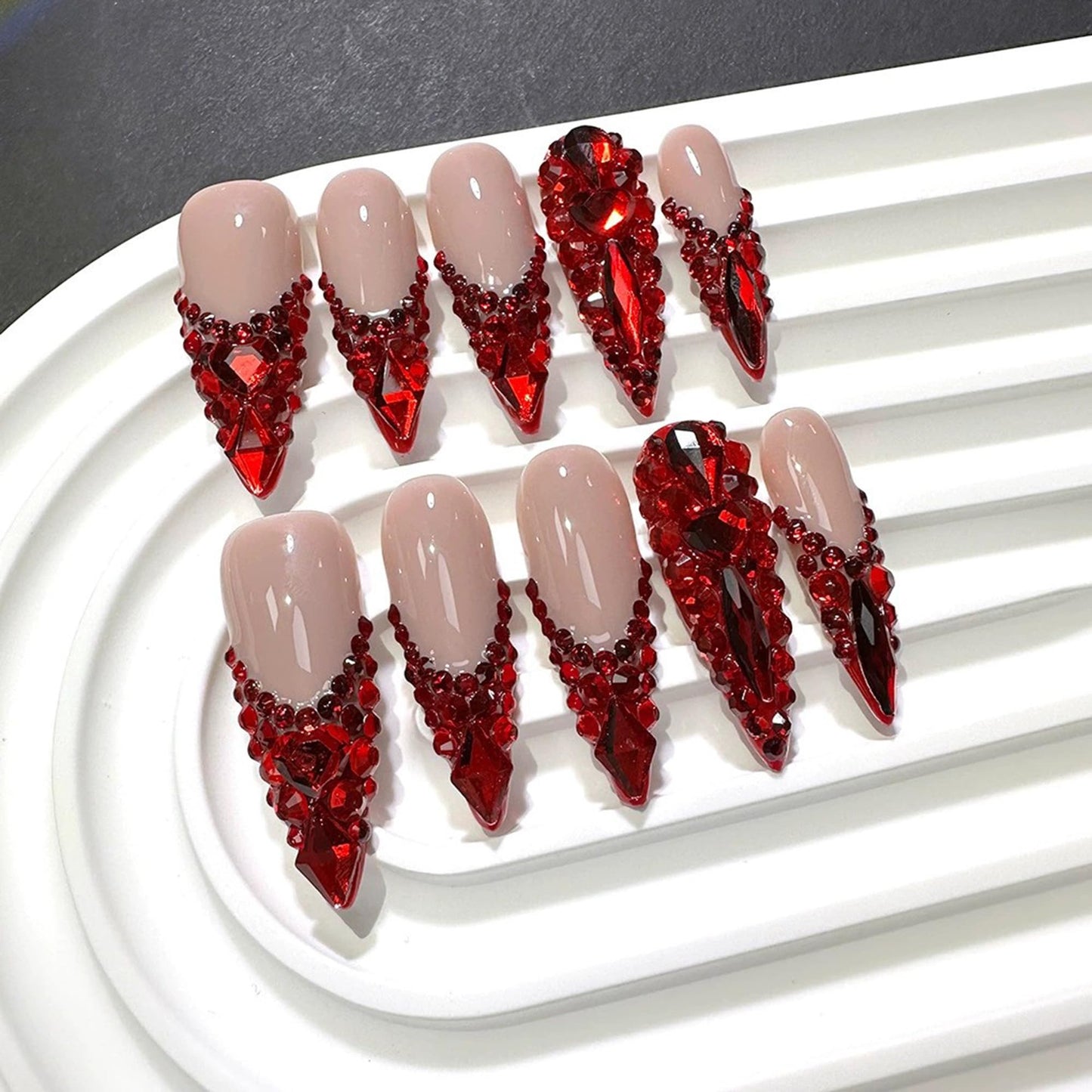 Red Rhinestone French Tip Fake Nails Long Handmade Press on Nails Almond False Nails with 3D Designs Luxury Glue On Nail Full Cover Stick on Nail for Women Manicure 10Pcs (Size M)