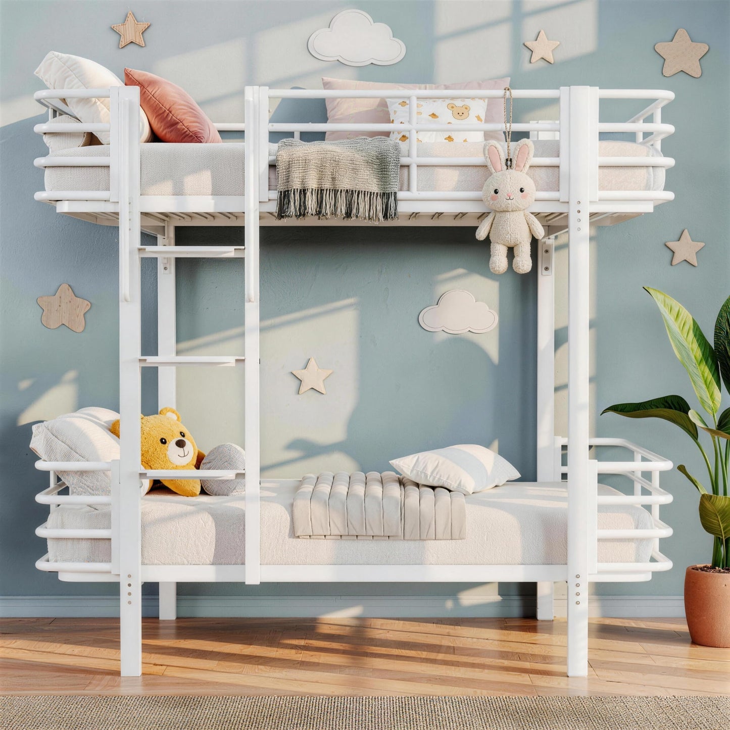 Einhomn Curved Metal Bunk Bed Twin Over Twin, Heavy Duty Bunkbeds with Safety Guardrails, Ladder with Built-in Handrails & Wide Steps, Space-Saving Design for Kids, Teens & Adults