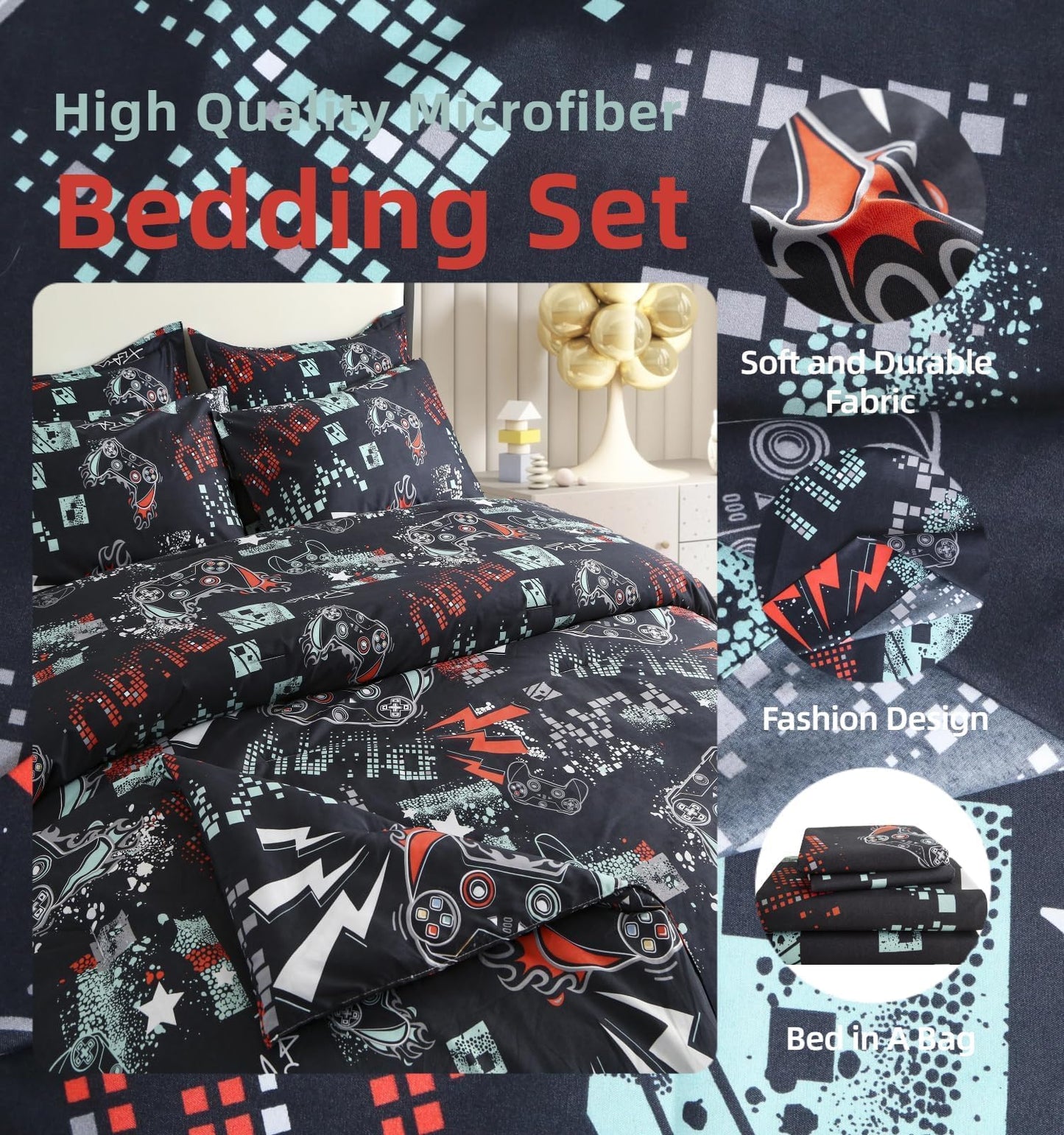 SDY 7PCS Twin Size Gaming Bedding Set - Soft Video Game Comforter Set for Boys, Girls & Kids, Gamer Themed Bed Set with Comforter, Sheets & Pillowcases