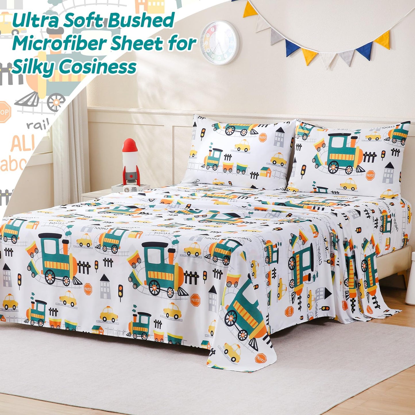ChicView Twin Sheet Set Kids,3 Pieces Breathable Soft Microfiber Bedsheets for Child Boys Girls, Anti Pilling Deep Pockets Easy Care Bed Sheets, Train