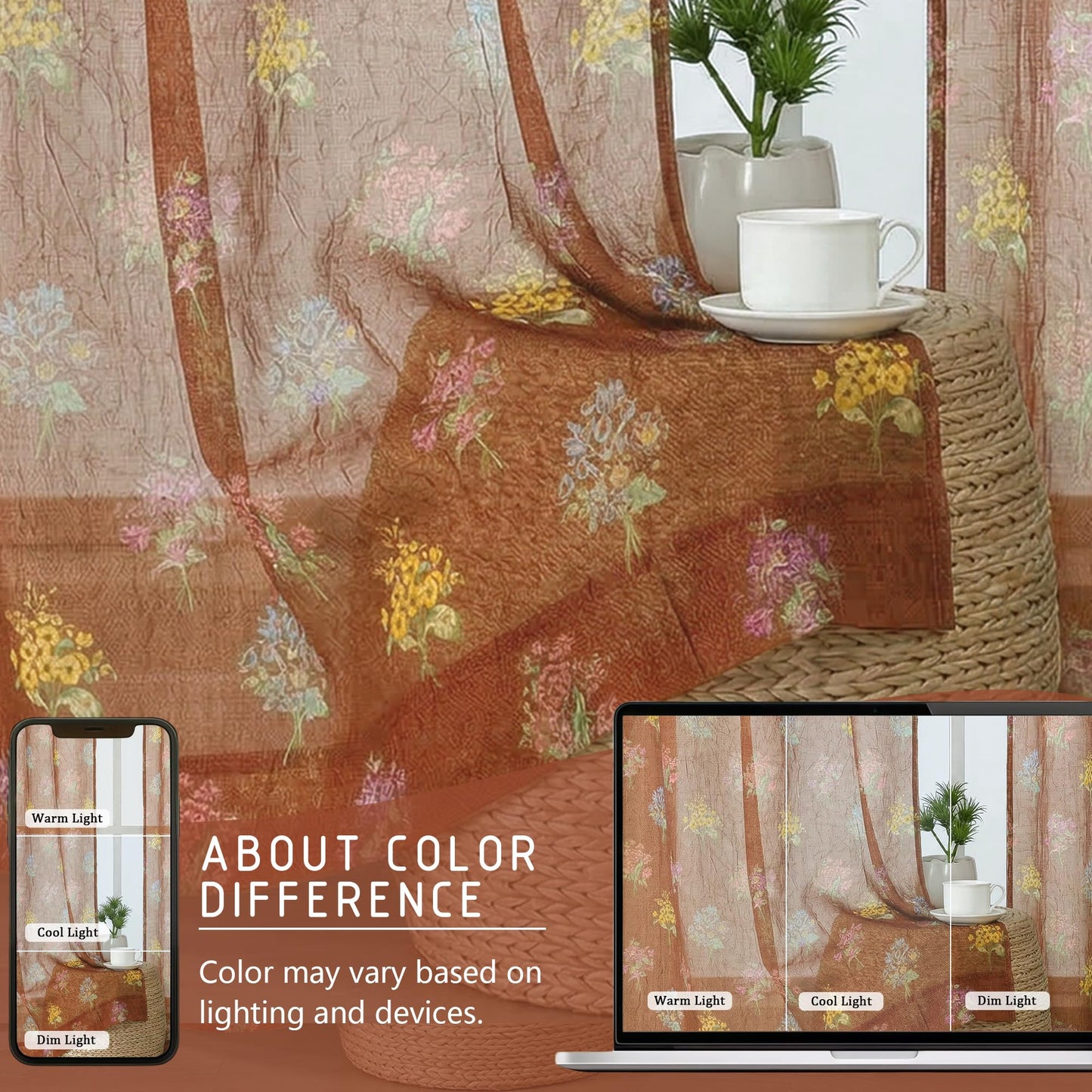 Ebesto Crushed Floral Sheer Curtains 63 Inch Length - Light Filtering Printed Sheer Flower Patterned Curtains for Bedroom, Spring Romantic Rod Pocket Window Drapes, 2 Panels, 42Wx63L, Terracotta