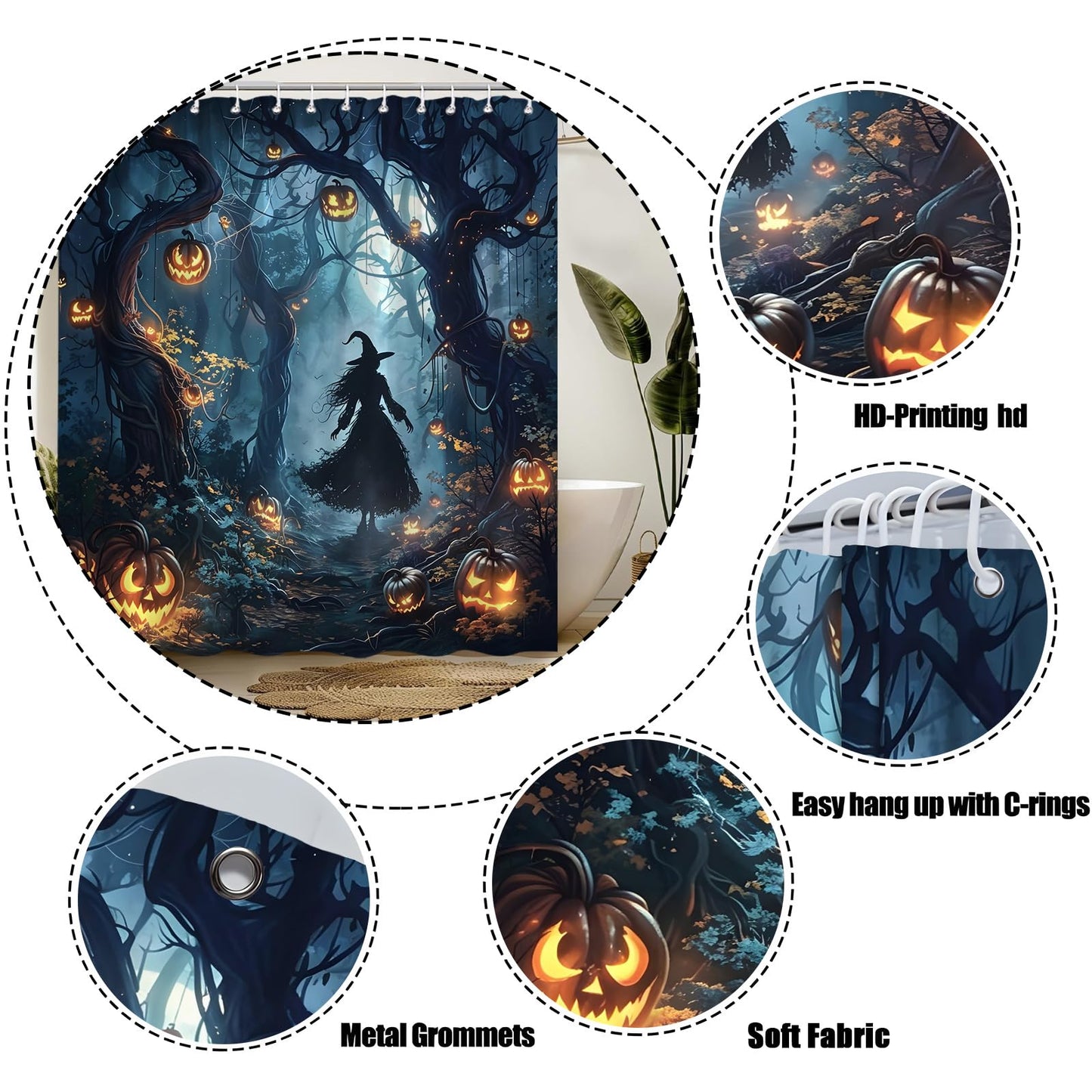 DSMEUE Halloween Witch Shower Curtain,Spooky Haunted Forest with Pumpkin Decor for Bathroom,Dark Gothic Blue Orange Fabric Curtain with Hooks,70x70 Inch
