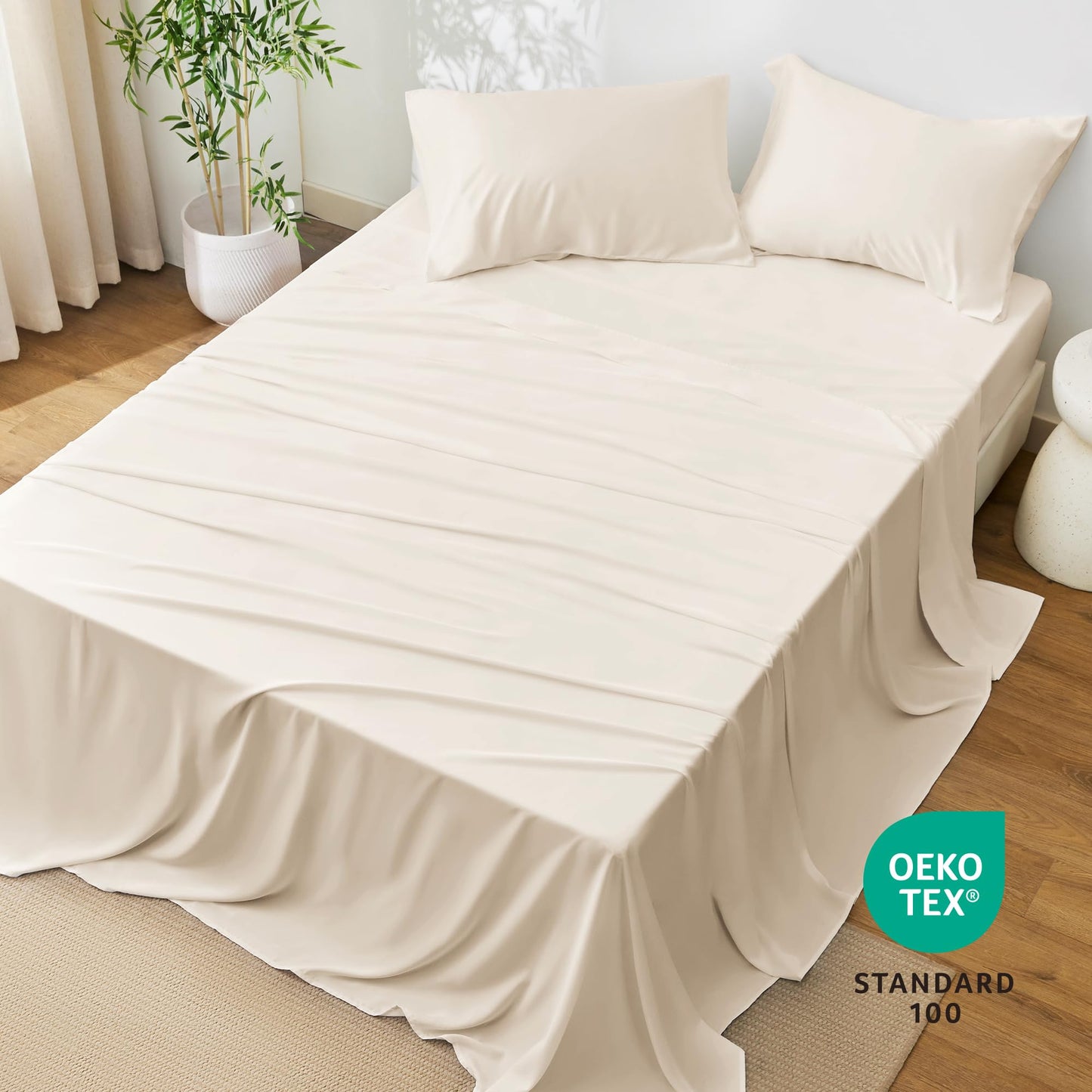 Love's cabin 4 Piece Queen Sheet Set, 100% Rayon Derived from Bamboo, Cooling & Breathable, Soft Silky Deep Pocket up to 16", Hotel Luxury Bedding for Hot Sleepers, Beige