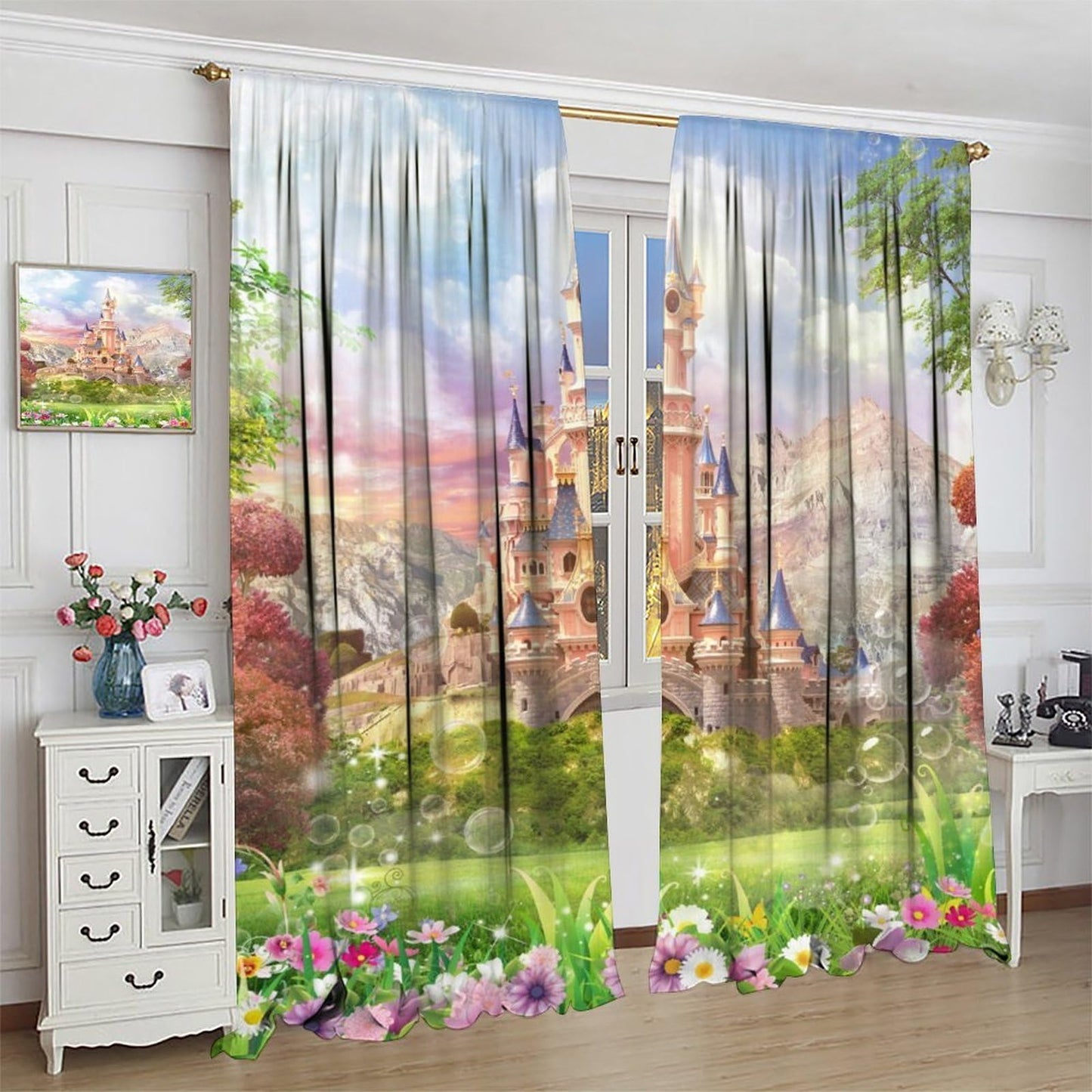 Pink Castle Curtains For Children Romantic Fairy Tale World One Garden Floral Castle Pattern Rod Pocket Window Drapes For Kids Girls Boys Bedroom Living Room 2 Panels Set 41x 45 in （No Blackout）
