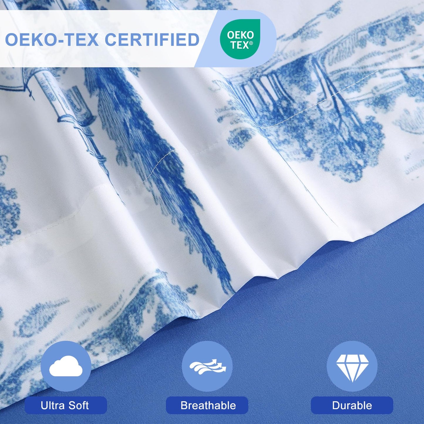 Botanical 6-Piece Queen Bed Sheets Set, Boho Floral Print Brushed Microfiber Sheets, Cooling Bed Sheet Set, Ultra Soft & Breathable, 16' Deep Pocket Fitted Sheet & Pillowcase Set, Blue Floral
