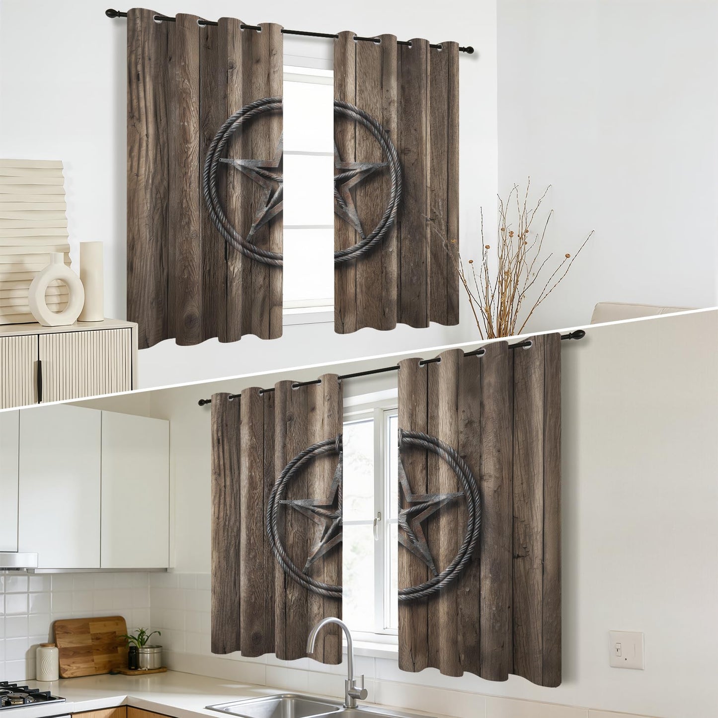 Solvivae Rustic Barn Door Curtains 54 Inch Length, Texas Star Blackout Curtains for Bedroom Living Room, Room Darkening Thermal Insulated Grommet Drapes, Western Window Curtain