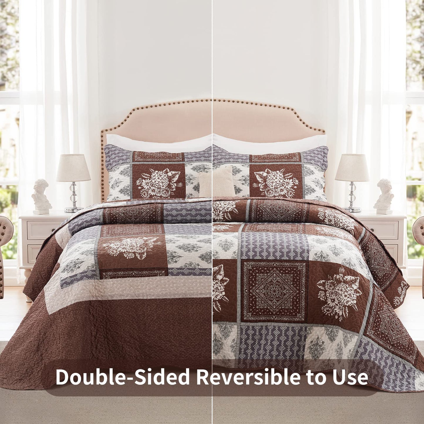 King Size Quilt Set 3 Pieces Lightweight Reversible Bedspread-98''x106'' Soft Patchwork Border Floral Coverlet Luxurious Warm Microfiber Bed Cover All Season Brown Bedding Set(1 Quilt,2 Pillow Shams)