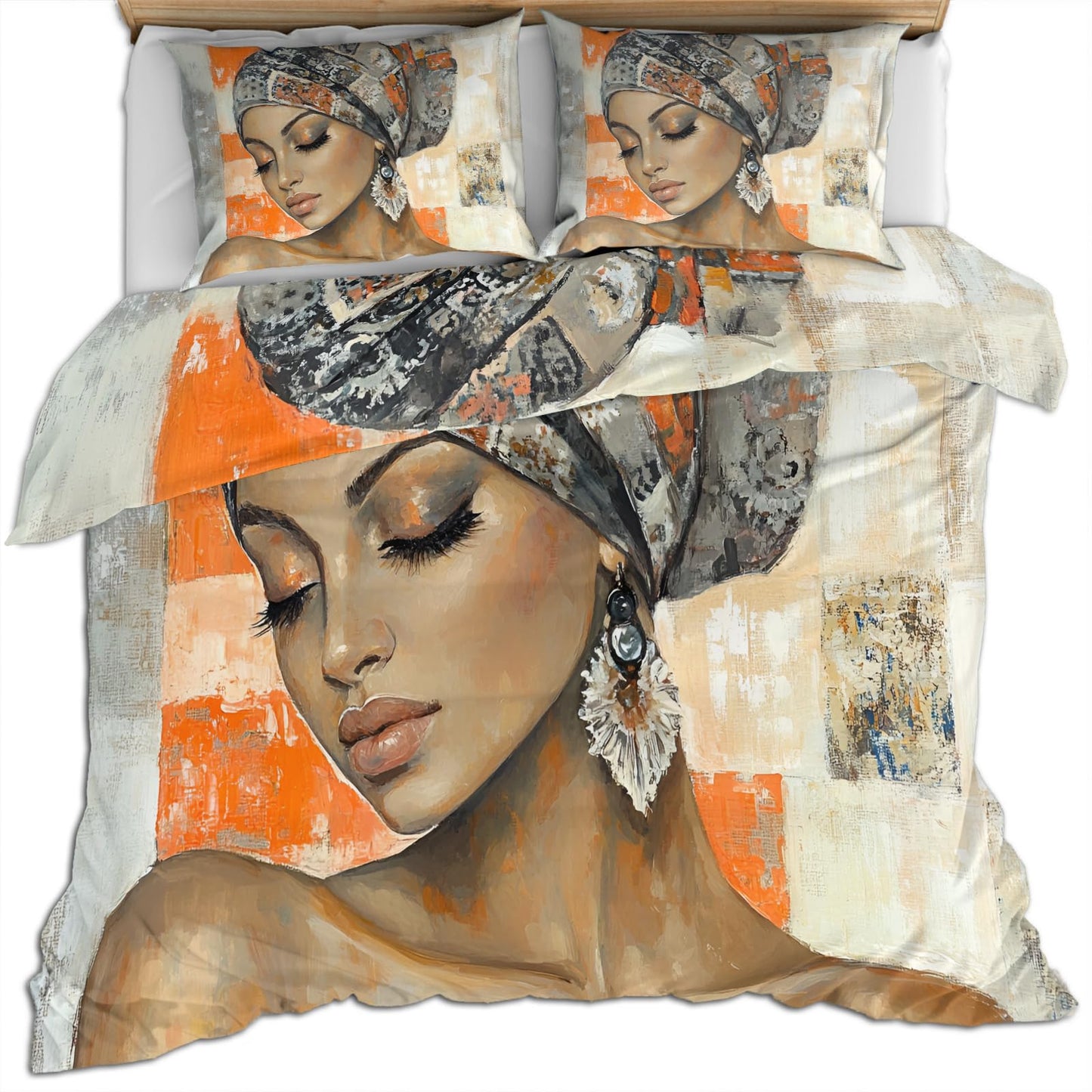 PAISUOQ African Woman Bedding, Black Girl Comforters Queen Size, Orange Grunge Style Duvet Cover with 2 Pillowcases, 3 Pieces with Zipper & Ties, Home Decor & Gifts