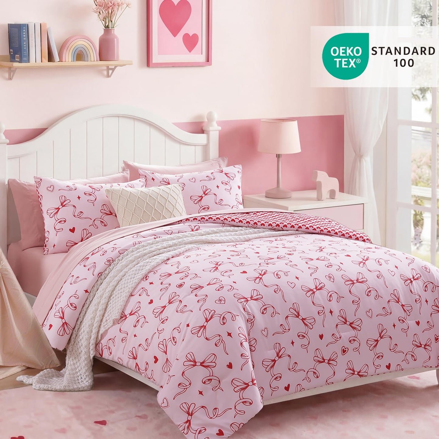 AMBERSPACE Twin XL Comforter Set for Girls, Red Bow Bedding Set Reversible with Cute Heart, All Season Kids Dorm Bed in a Bag 5 Pieces with Sheets, Pillowcase & Sham