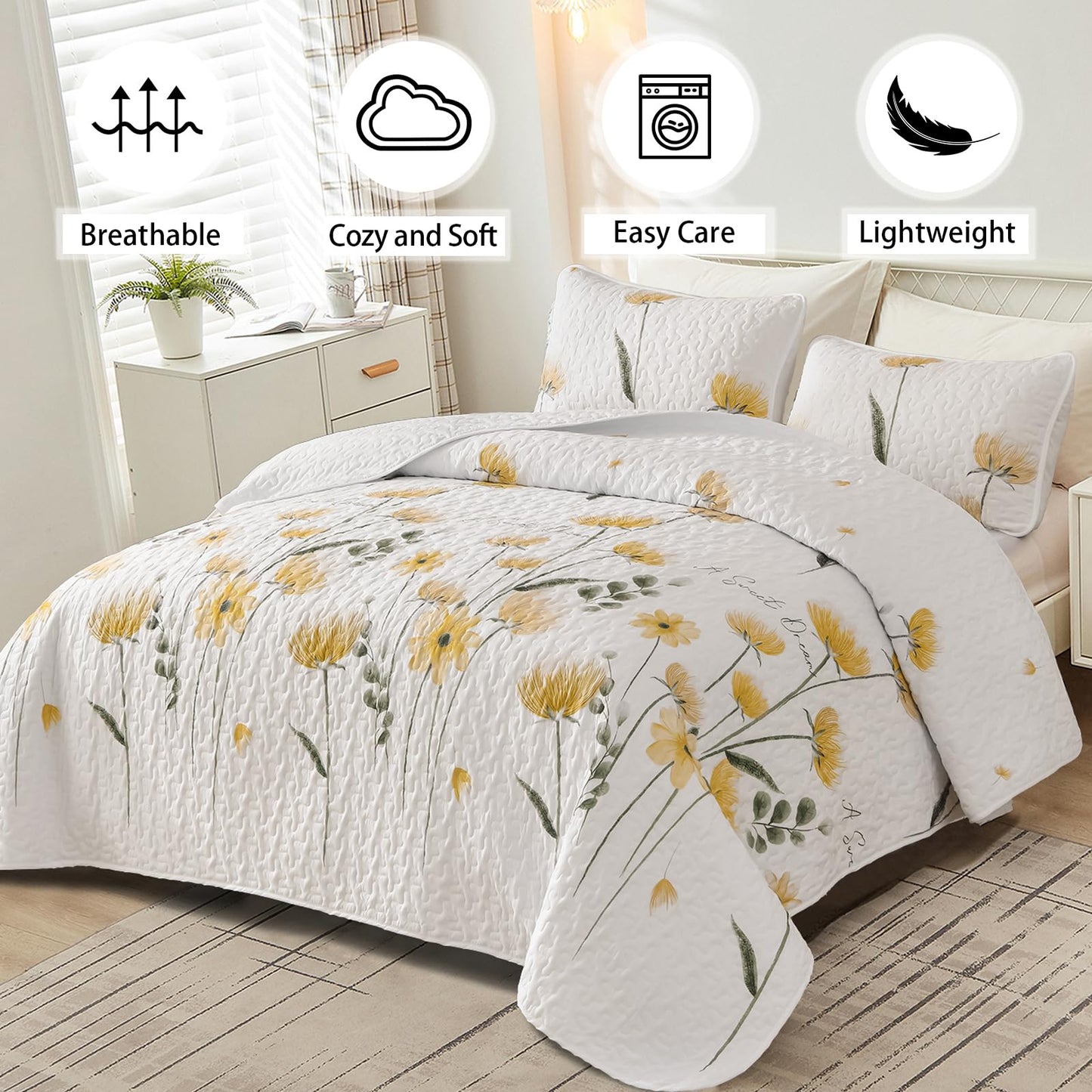 Dinjoy Quilt Set Queen Cute Floral Bedspread Coverlet Yellow Flower Quilts Microfiber Lightweight Summer Bedding Sets Reversible Soft Quilted Bed Cover for All Season(96"x90")