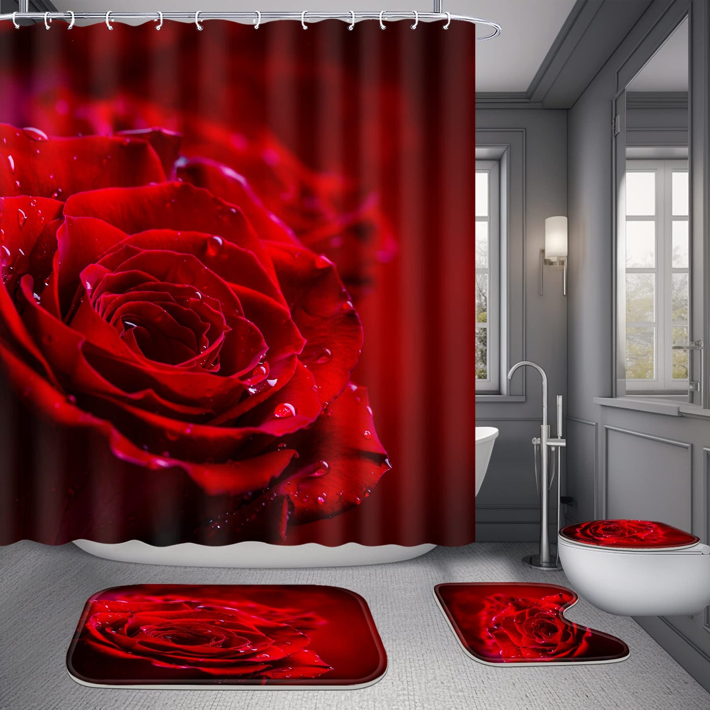 Poedist 4 Pcs Shower Curtain Set, Red Rose Bathroom Set,Romantic Shower Curtain Sets with Rugs(Bath Mat,U Shape and Toilet Lid Cover Mat) and 12 Hooks