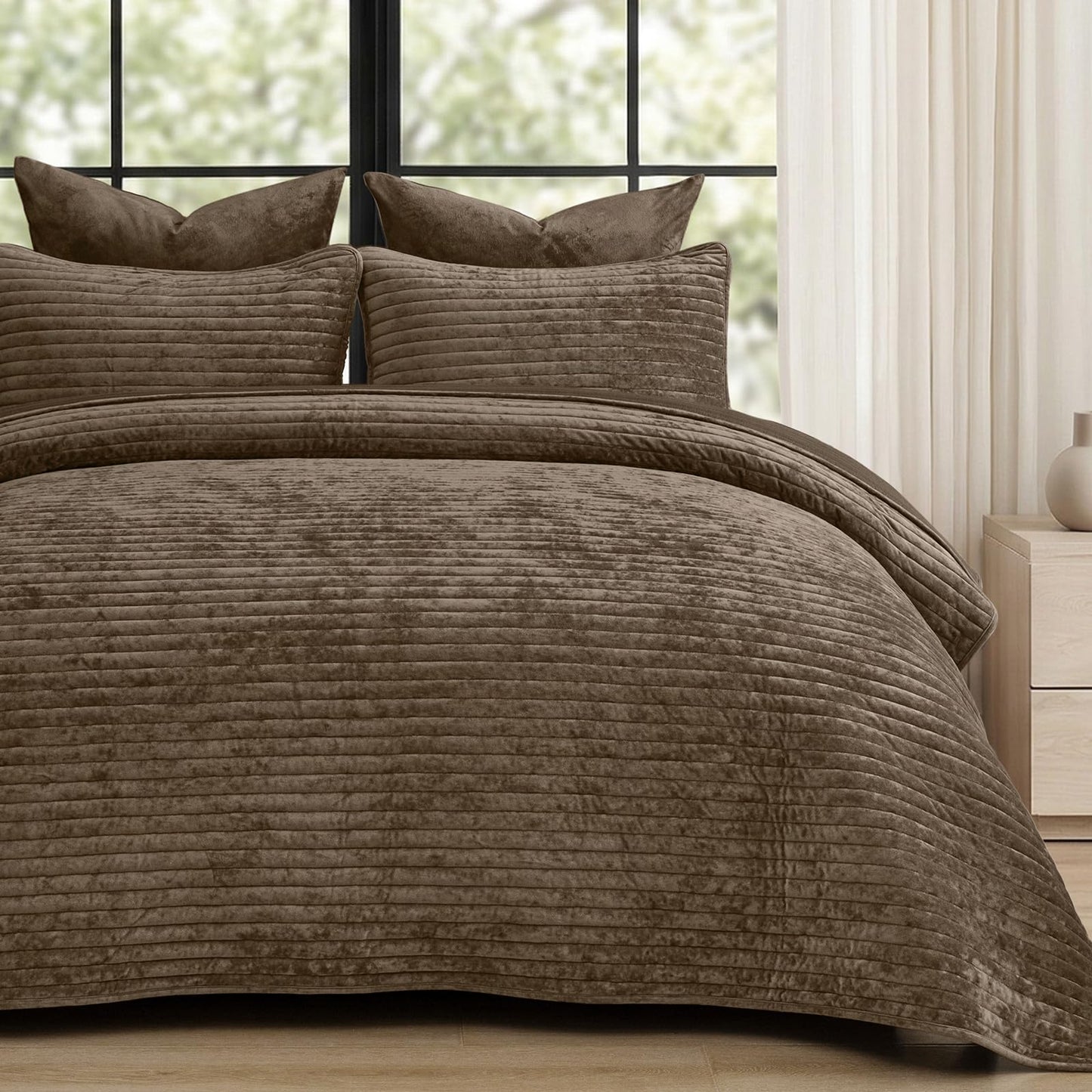 PHF Luxury Velvet Quilt Set Queen Size – 3PCS Ultra Soft Quilted Comforter Alternative with Striped Channel, Cozy Quilted Bedspread, 1 Coverlet with 2 Matching Shams, 90" x 92", Cub