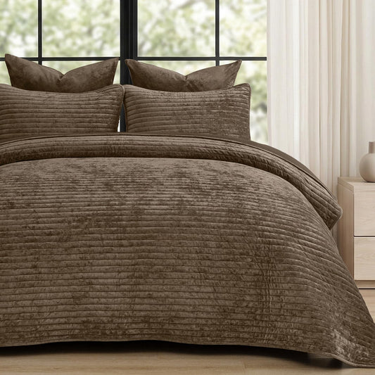 PHF Luxury Velvet Quilt Set Queen Size – 3PCS Ultra Soft Quilted Comforter Alternative with Striped Channel, Cozy Quilted Bedspread, 1 Coverlet with 2 Matching Shams, 90" x 92", Cub