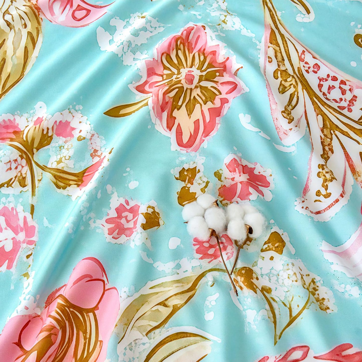 Zusbest Blue Paisley Sheets Queen Size 100% Cotton Satin Weave Pink Floral Bed Sheet Set Abstract Design, Soft Cooling for Hot Sleepers, Luxury Shabby-Chic Countryside Bed Set Deep Pocket 17.5‘’