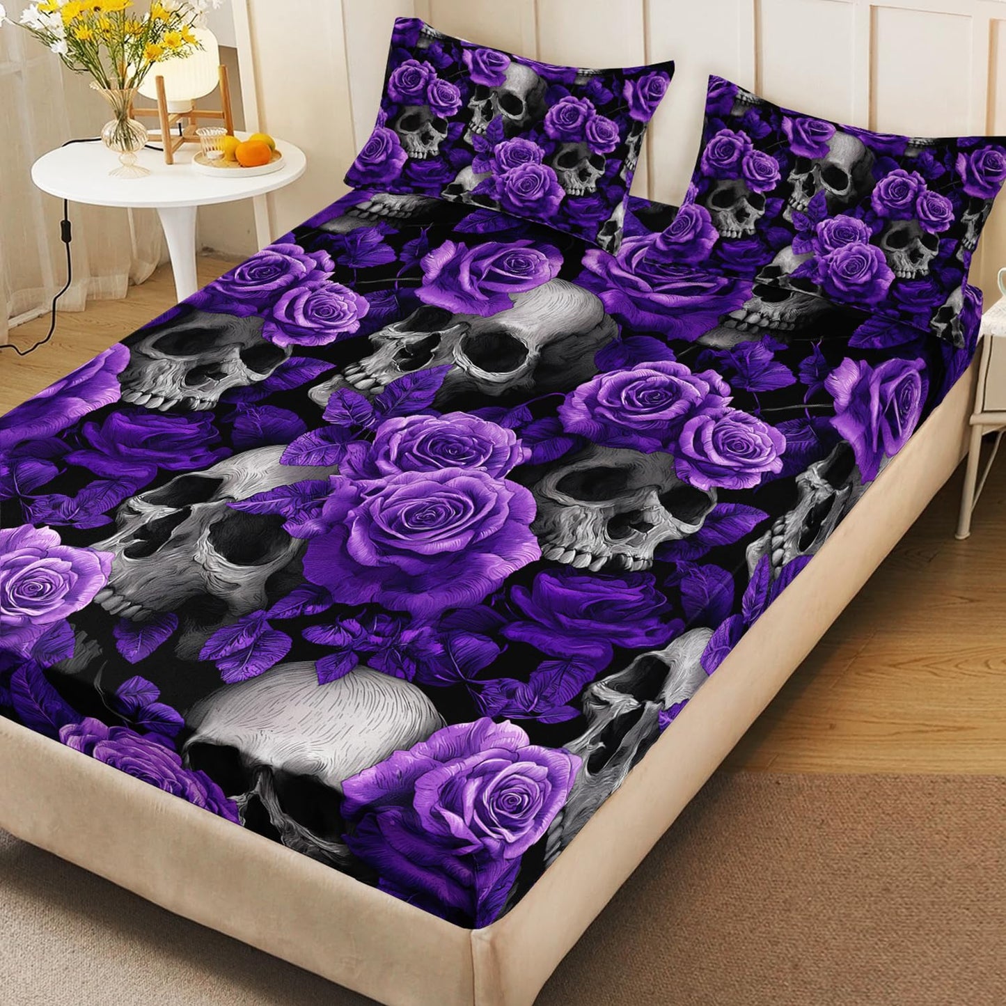 HOSIMA Death Skull Fitted Sheet Full,Skull Head and Flowers Printed Gothic Bedding,Horror Themed Floral Bedding for Girls Women Halloween Room Decor,1 Fitted Sheet+2 Pillowcases.