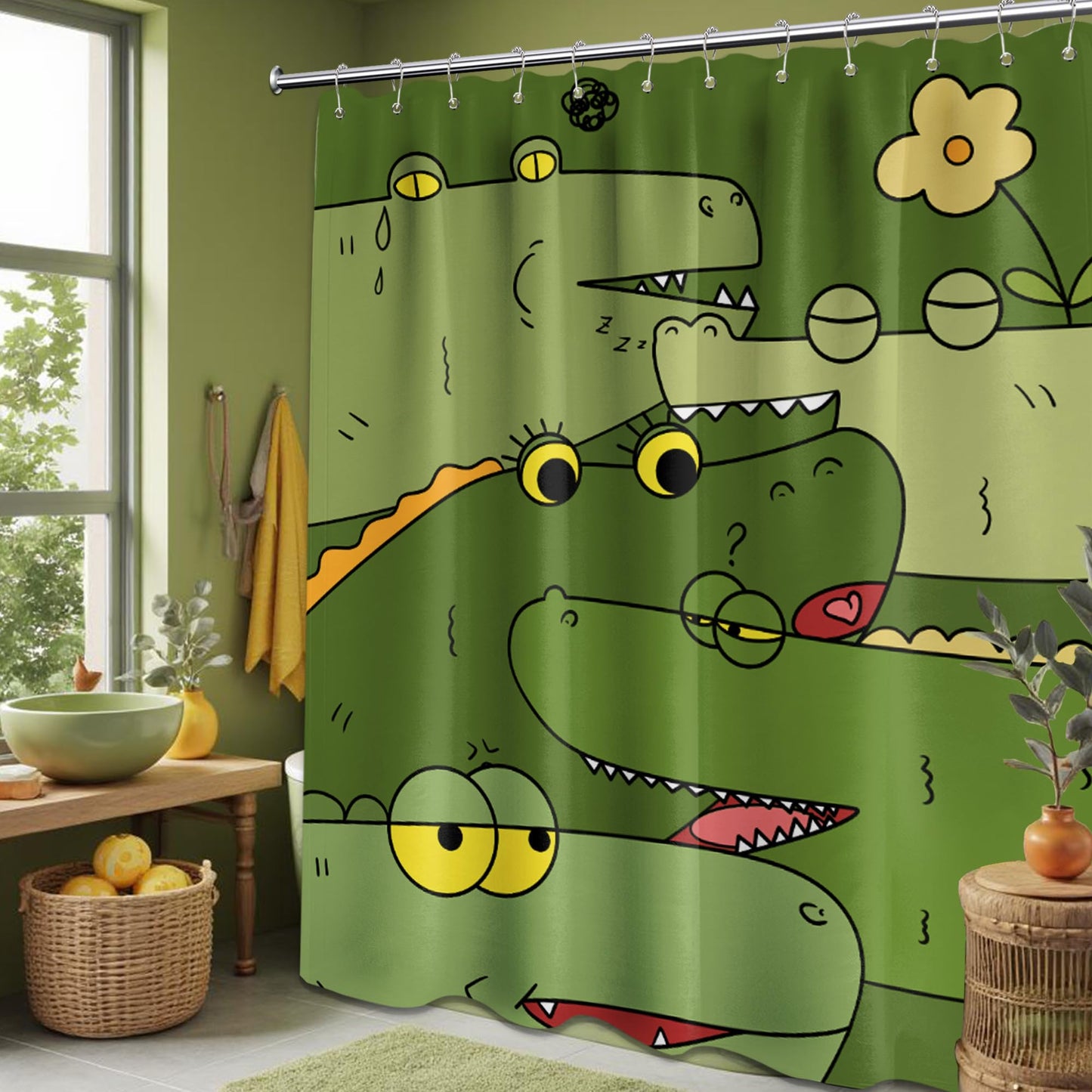 dueeia Alligator Shower Curtain for Kids Funny Cartoon Animal Green Crocodile Shower Curtains for Bathroom Decor Sets, Waterproof Fabric with Hooks, Waterproof Fabric 70 x 72 inch with Hooks