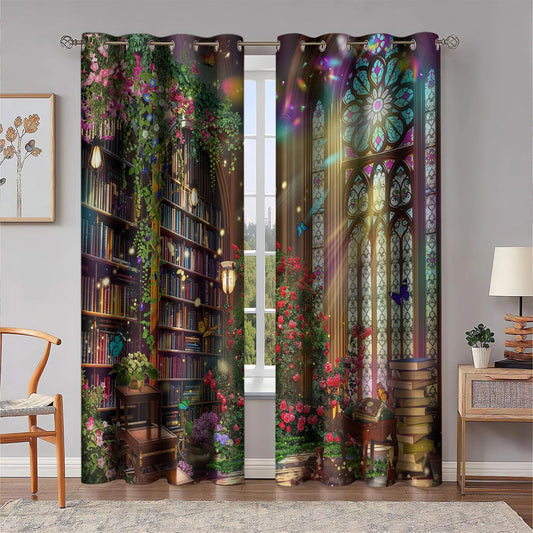 HIYSMT Fantasy Library Blackout Curtains,Magic Book Bookshelf Butterfly Print Curtain,5284inch Medieval Stained Glass Fairy Tale Floral Drapes for Bedroom Living Room 2Panel HI046YL