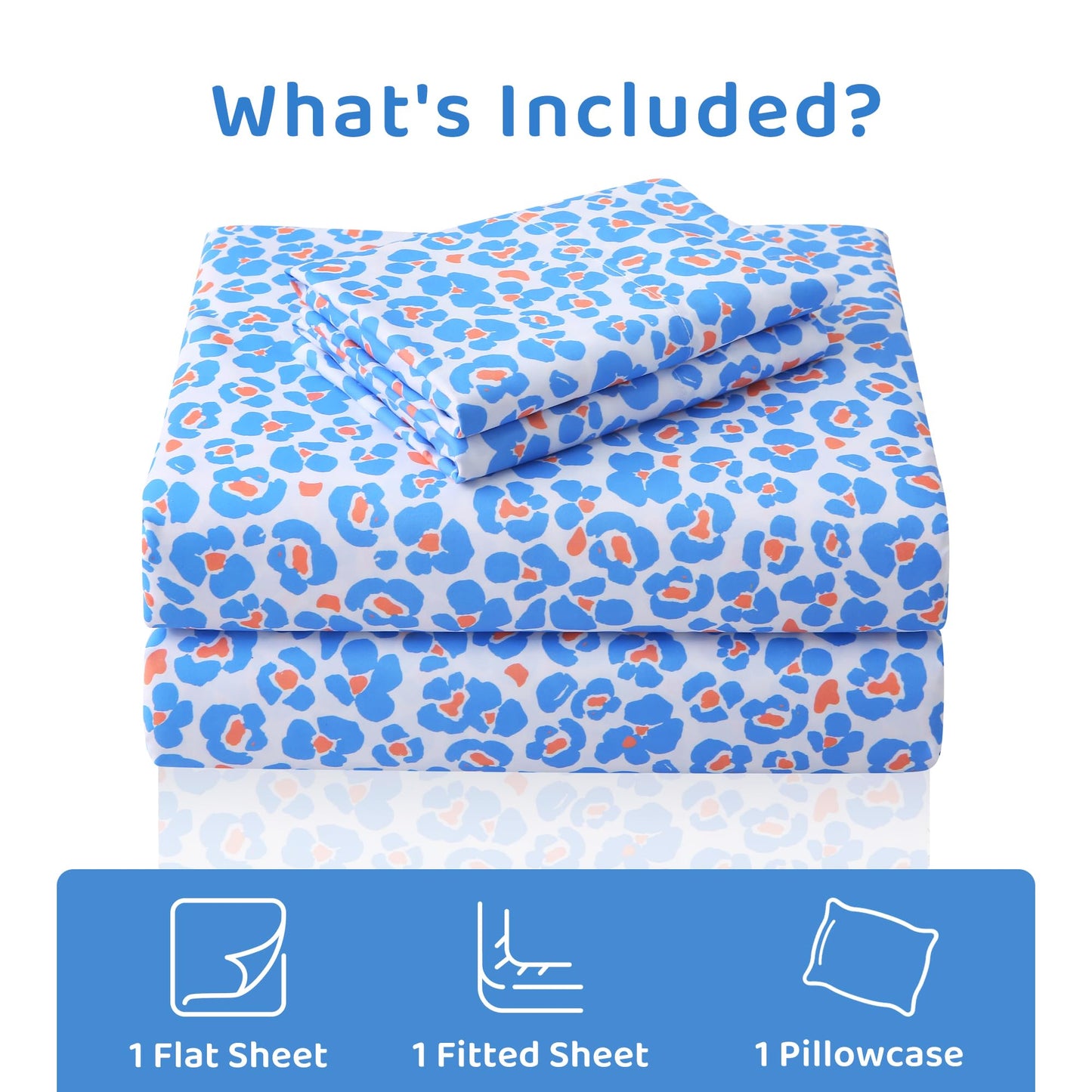 Mooreeke Leopard Cheetah Printed Twin Bed Sheets, Soft Microfiber Bedding Sheets & Pillowcases, Deep Pocket Non-Slip Fitted Twin Sheet, Blue Animal Pattern Bedsheets