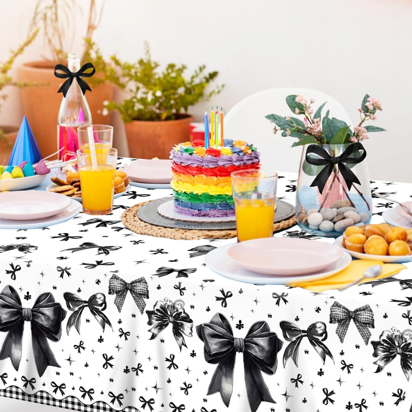 CC HOME 1Pc Black Bowknot Party Plastic Tablecloth 54 x 87 Inch Long Table Cover, Bow Tie Party Tablecover for Dark Style Theme Kids Baby Shower Birthday Dinner Picnic Kitchen Event
