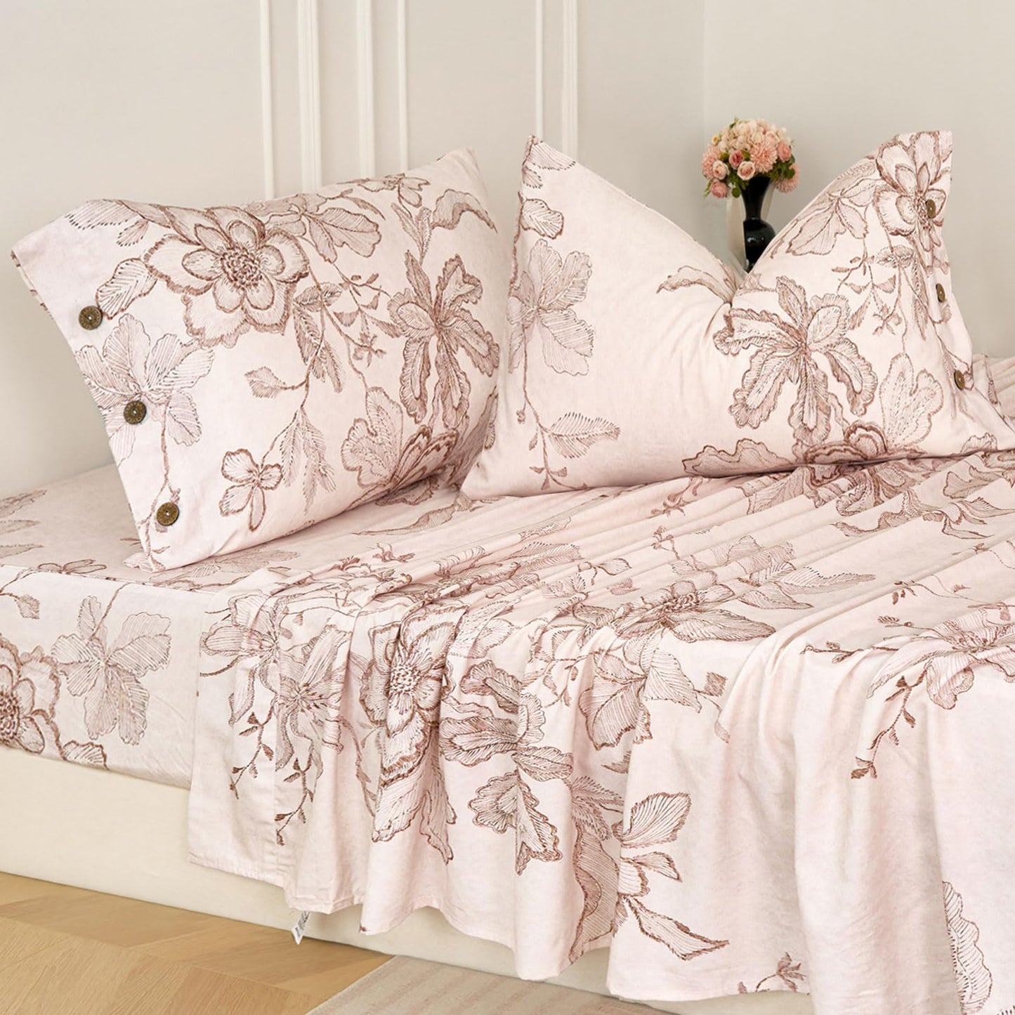 Zusbest Queen Sheet Set Pink Floral Sheet Set 400TC 100% Double Brushed Cotton Flannel-Like Warm Luxury Bed Sheets 4Pcs, Button Closure Extra Soft Breathable Vintage Toile Printed Deep Pocket 17‘’