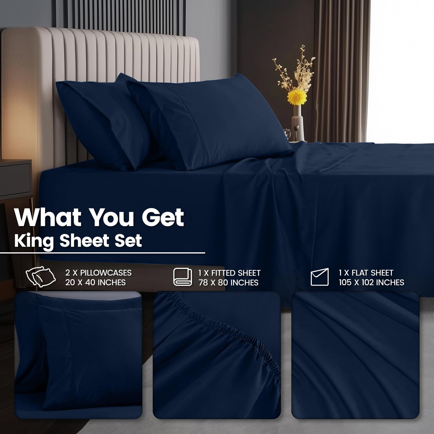 Utopia Bedding King Size Extra Deep Pocket Sheet Set – Fits Mattresses Up to 21 inches – Cooling, Soft & Breathable – Oeko-Tex 4 Piece Bed Sheets (Navy)