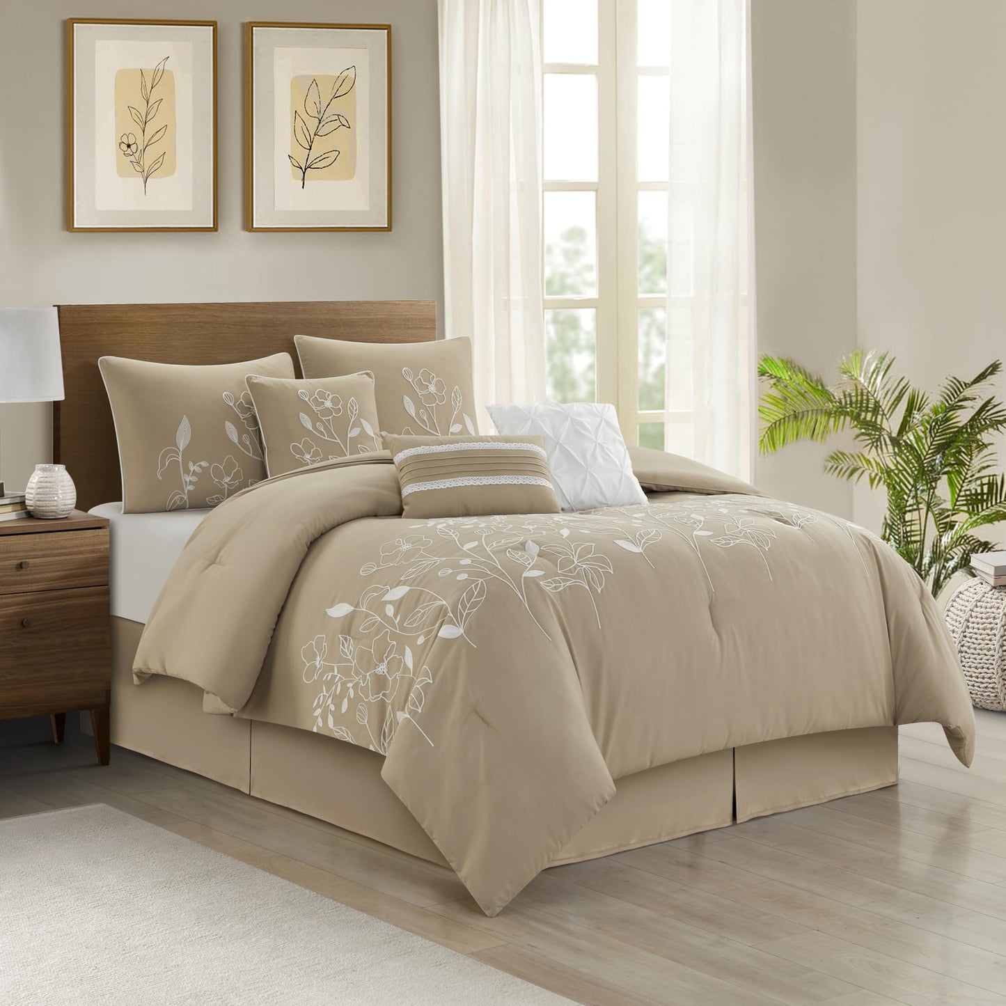 Grand Avenue 7 Piece Taupe Comforter Set, King Size Chain Stiching Embroidery Bedding, All Season Floral Leaves Bedding Set, Bed Skirt, Pillows & Shams