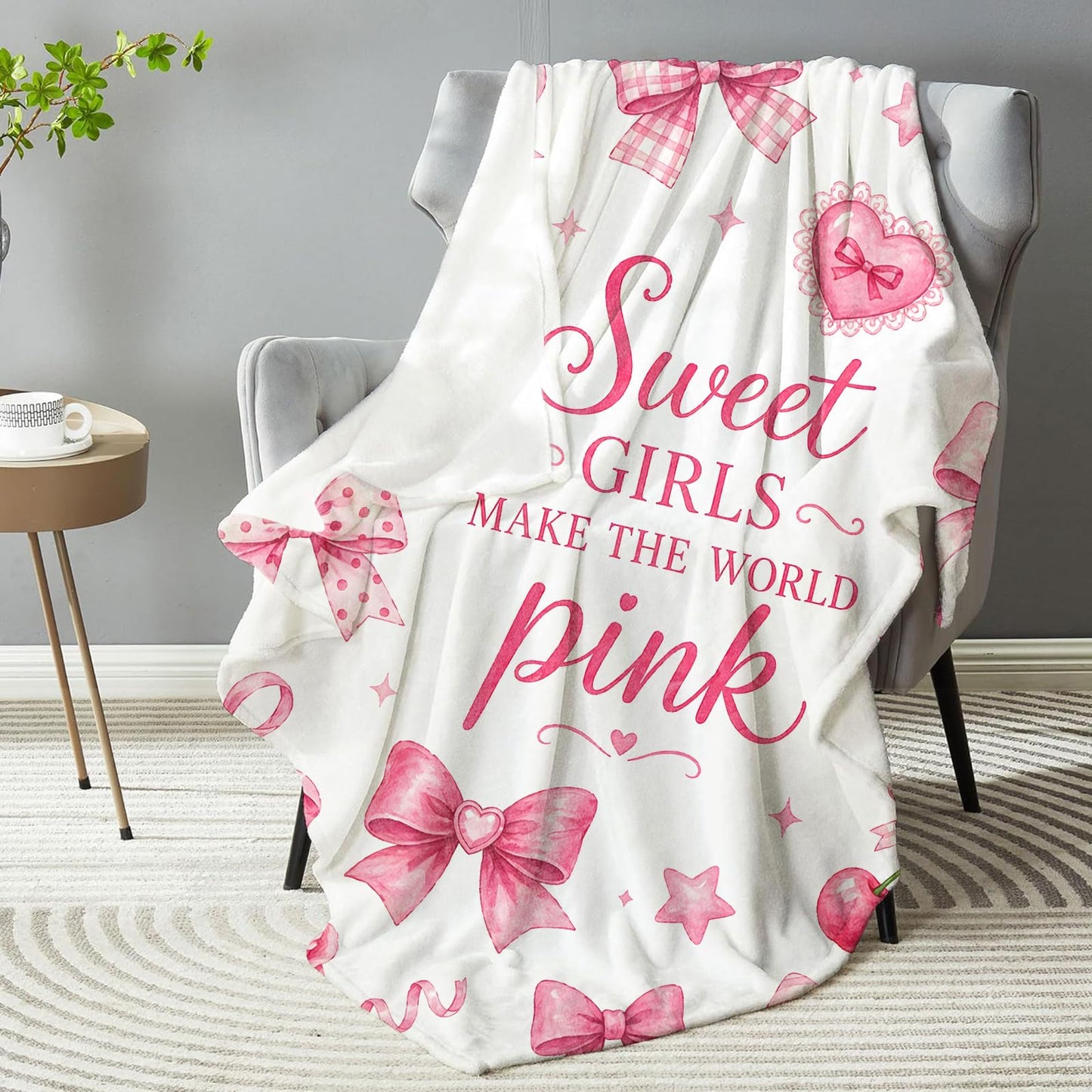 dhakalrlde Sweet Pink Bow Blanket, Soft Ribbon Cherry Heart Throw Blanket Gifts for Girls Kids, Lightweight Warm Cozy 60×50 inch Cute Flannel for Couch, Travel, Bed, Decor