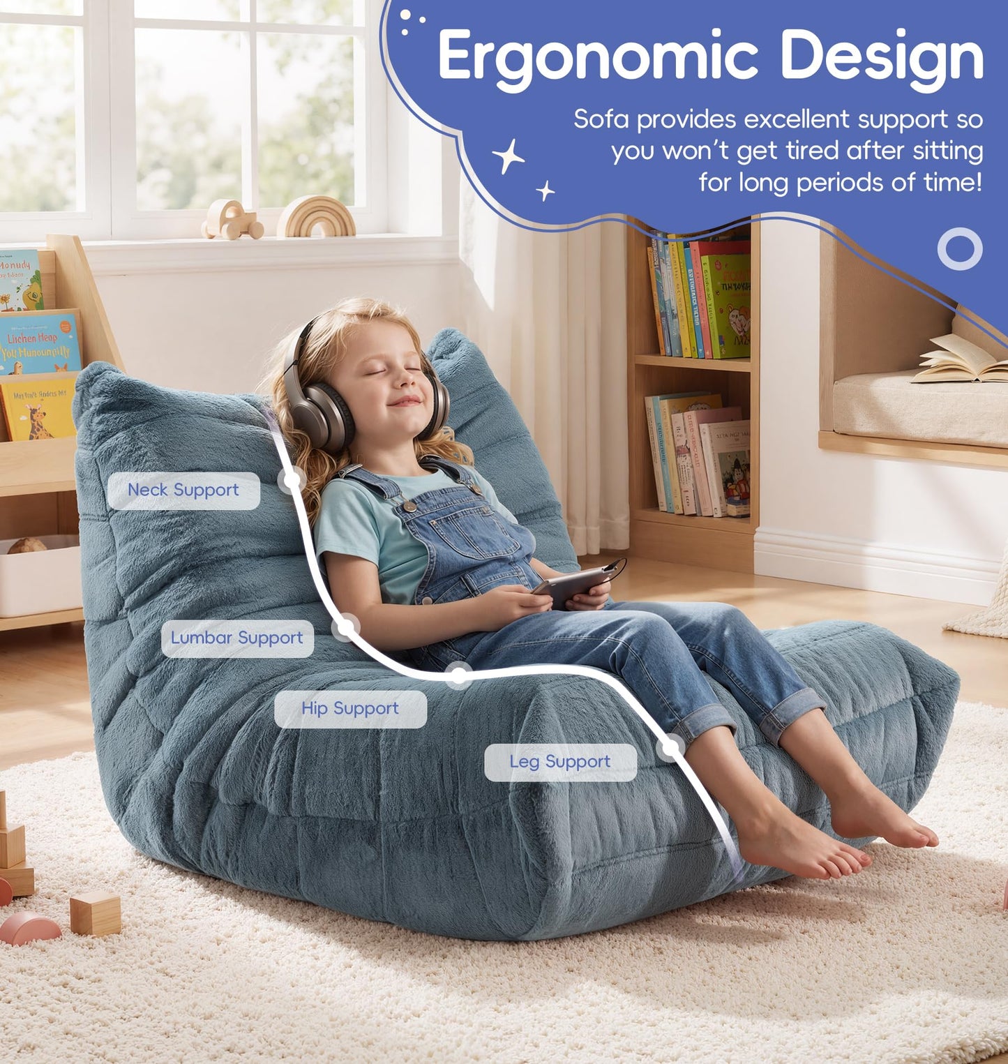 Hobestluk Bean Bag Chair for Kids Toddler Bean Bag Chair with Memory Foam Filler Beanbag with Spacious Design Bean Bag Couch for Reading Gaming Relaxing (Blue Grey, Small)