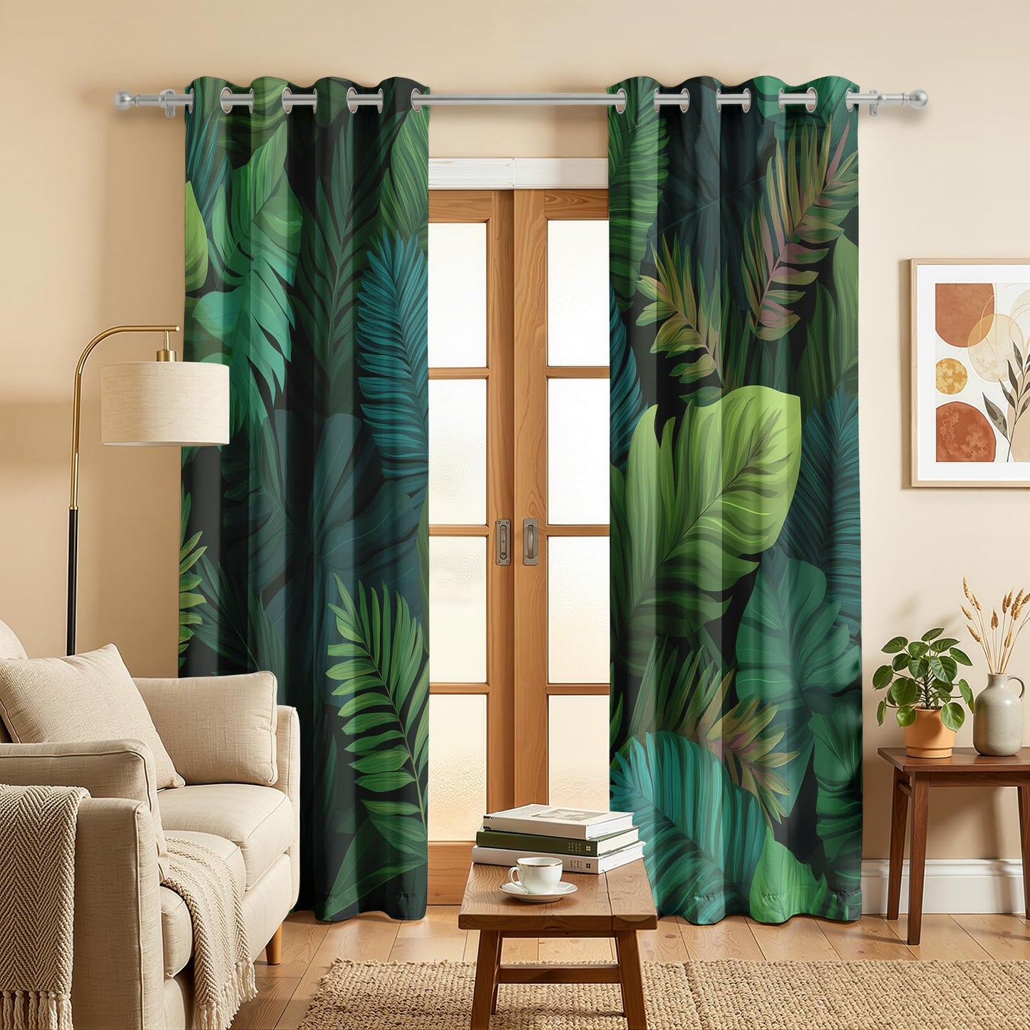 Mistwalk Green Monstera Leaf Curtains Blackout, 54 Inch Curtains for Bedroom & Living Room, Room Darkening Thermal Insulated Grommet Drapes, Tropical Rainforest Patterned Window Treatments