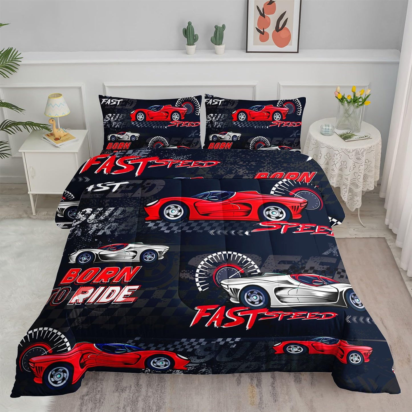 Smell Sunshine Red Sports Car Comforter Set Cool Sports Printed Bedding Set with 1 Comforter and 2 Pillowcases for Boys and Girls Bedroom All Season(Car-2 Twin)
